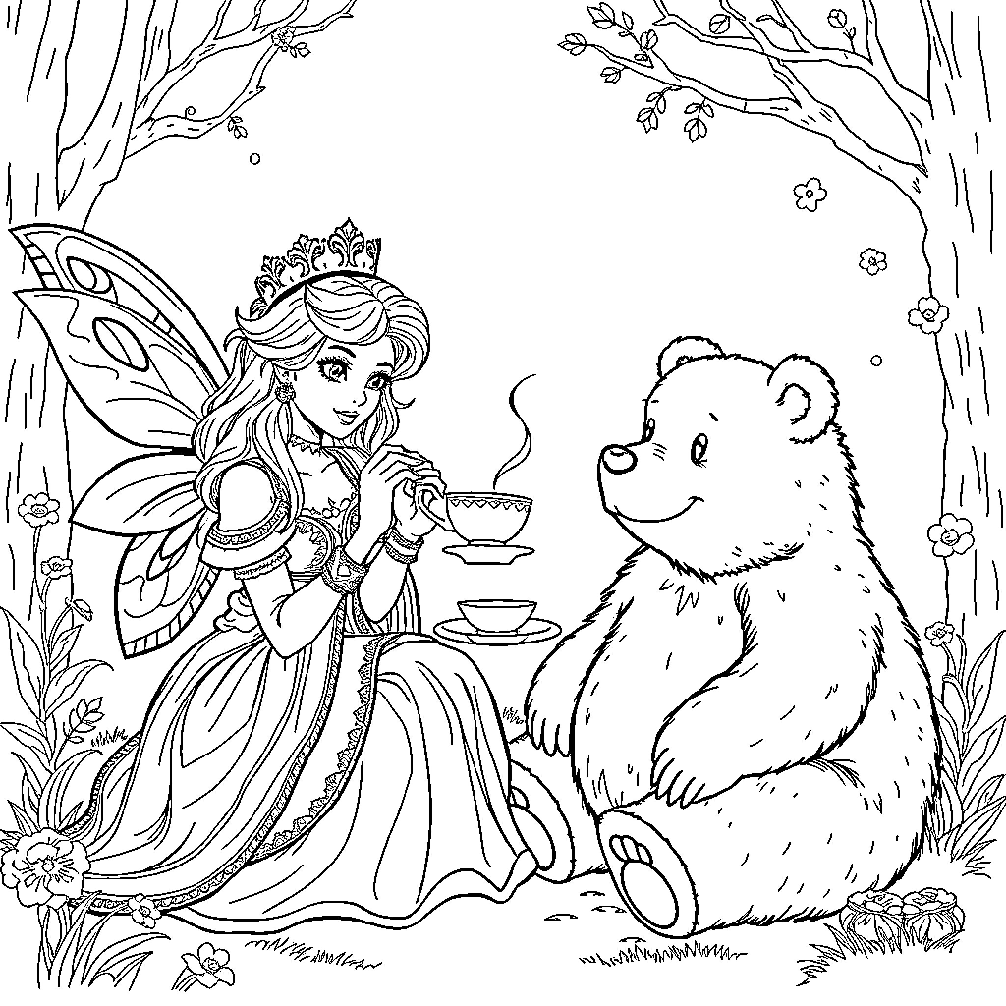 Fairy Princess Serves Tea to Friendly Bear in Enchanted Forest Coloring Page (free black-and-white line drawing printable PDF for all, from beginners to advanced learners, including children, teens, adults, and seniors)
