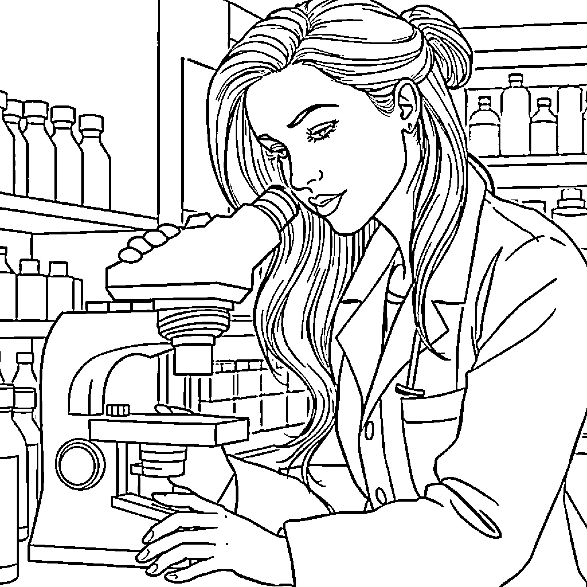 Woman working diligently in a laboratory Coloring Page (free black-and-white line drawing printable PDF for all, from beginners to advanced learners, including children, teens, adults, and seniors)