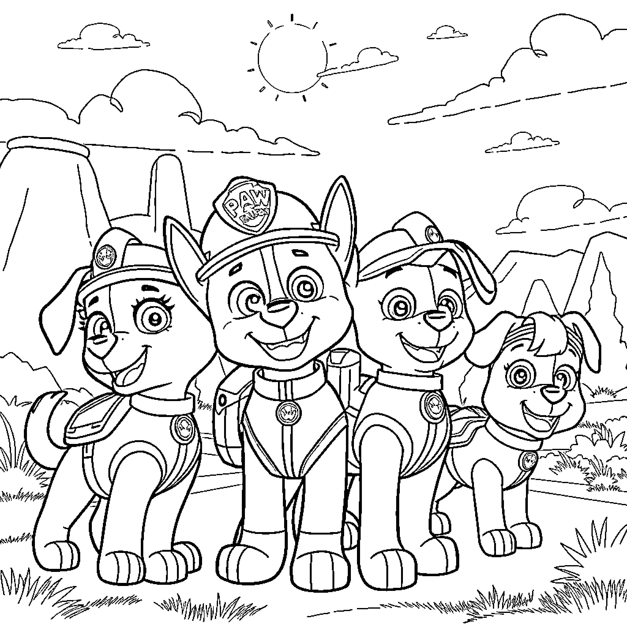Paw Patrol on patrol in the countryside Coloring Page (free black-and-white line drawing printable PDF for all, from beginners to advanced learners, including children, teens, adults, and seniors)