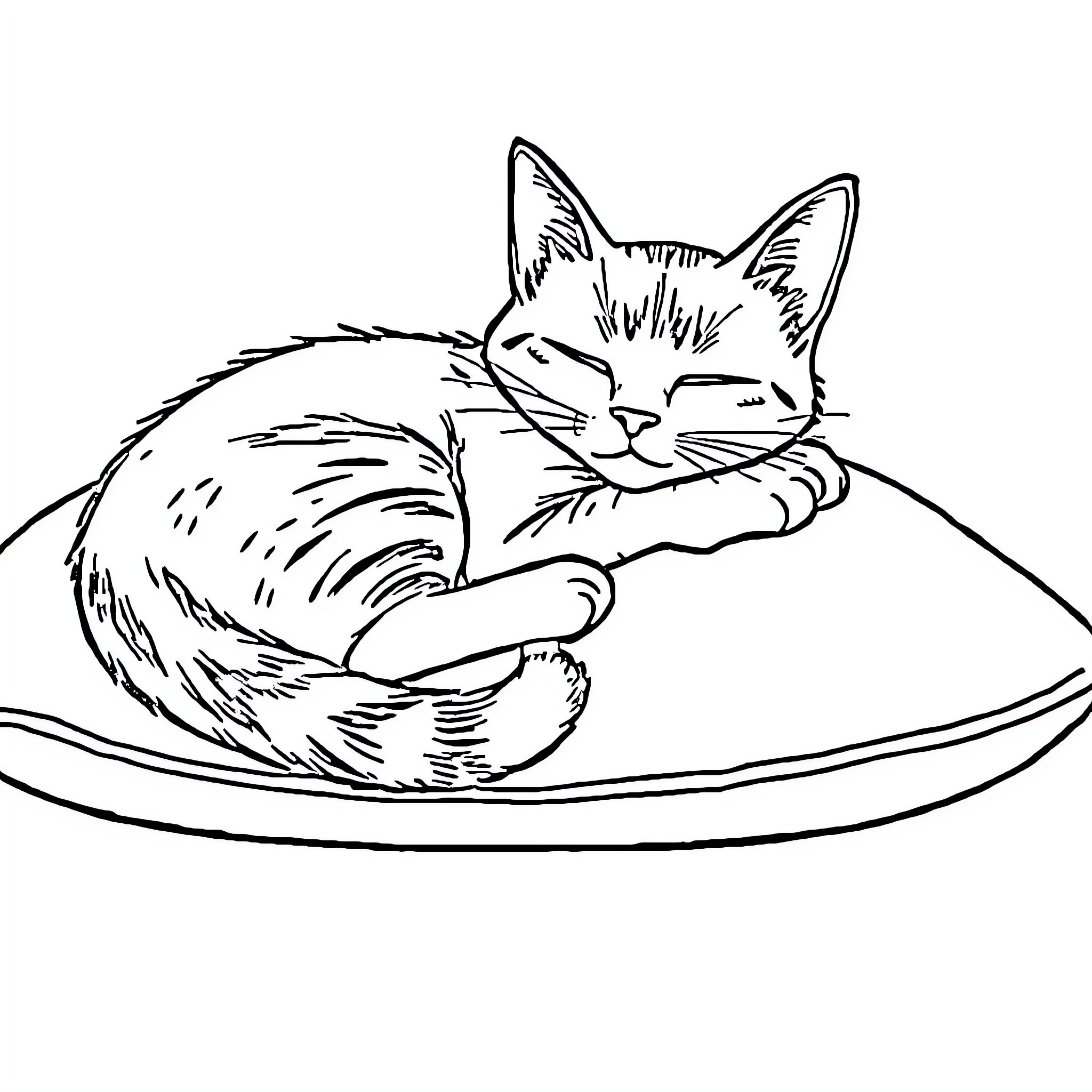 Cat sleeping peacefully on cushion Coloring Page (free black-and-white line drawing printable PDF for all, from beginners to advanced learners, including children, teens, adults, and seniors)