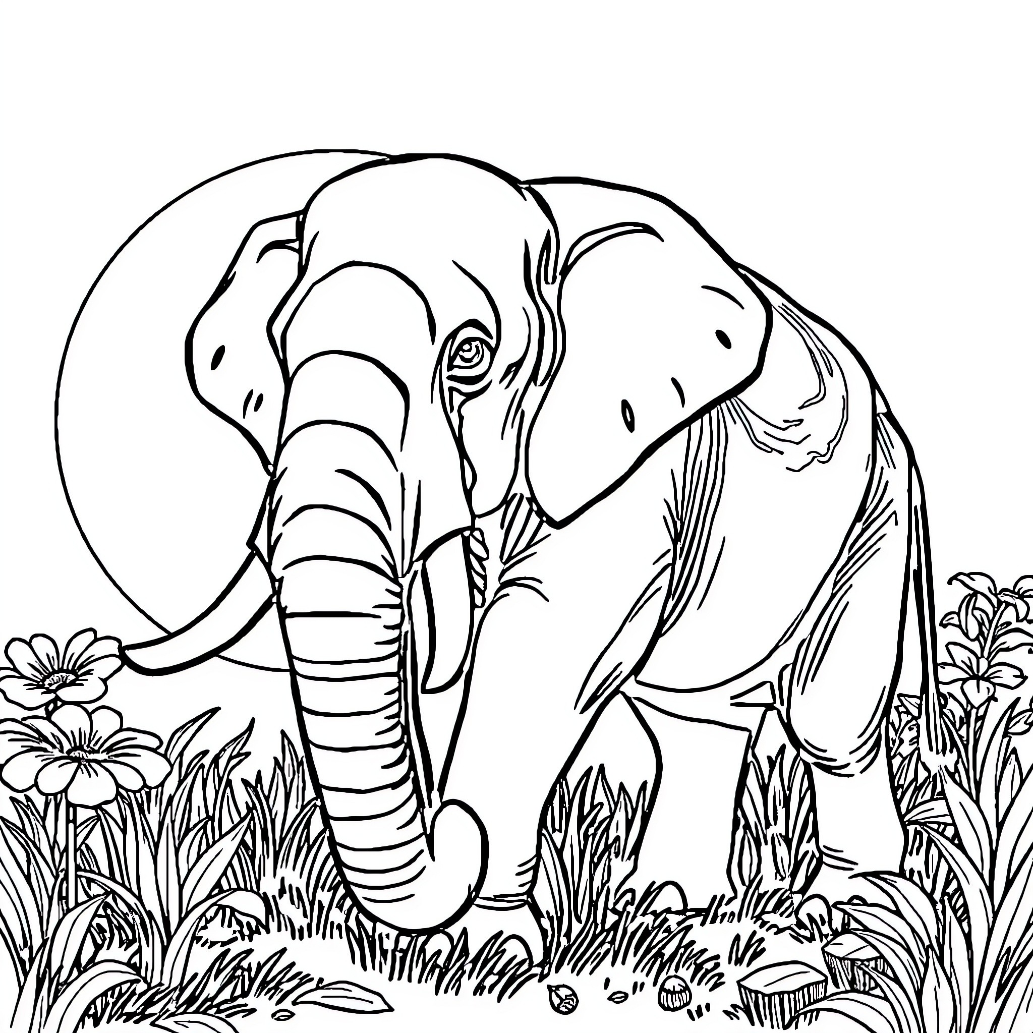 Elephant exploring the lush meadow Coloring Page (free black-and-white line drawing printable PDF for all, from beginners to advanced learners, including children, teens, adults, and seniors)
