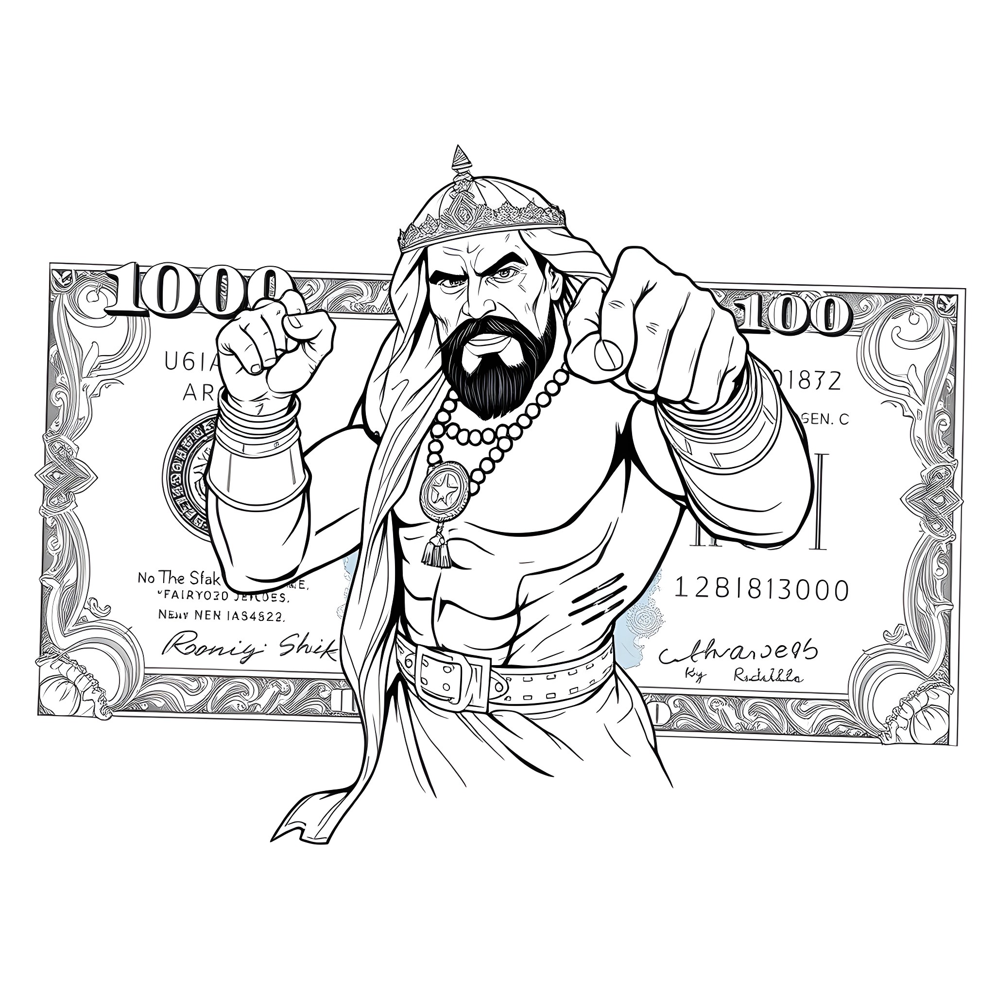 Iron Sheik posing with money and fierce expression Coloring Page (free black-and-white line drawing printable PDF for all, from beginners to advanced learners, including children, teens, adults, and seniors)