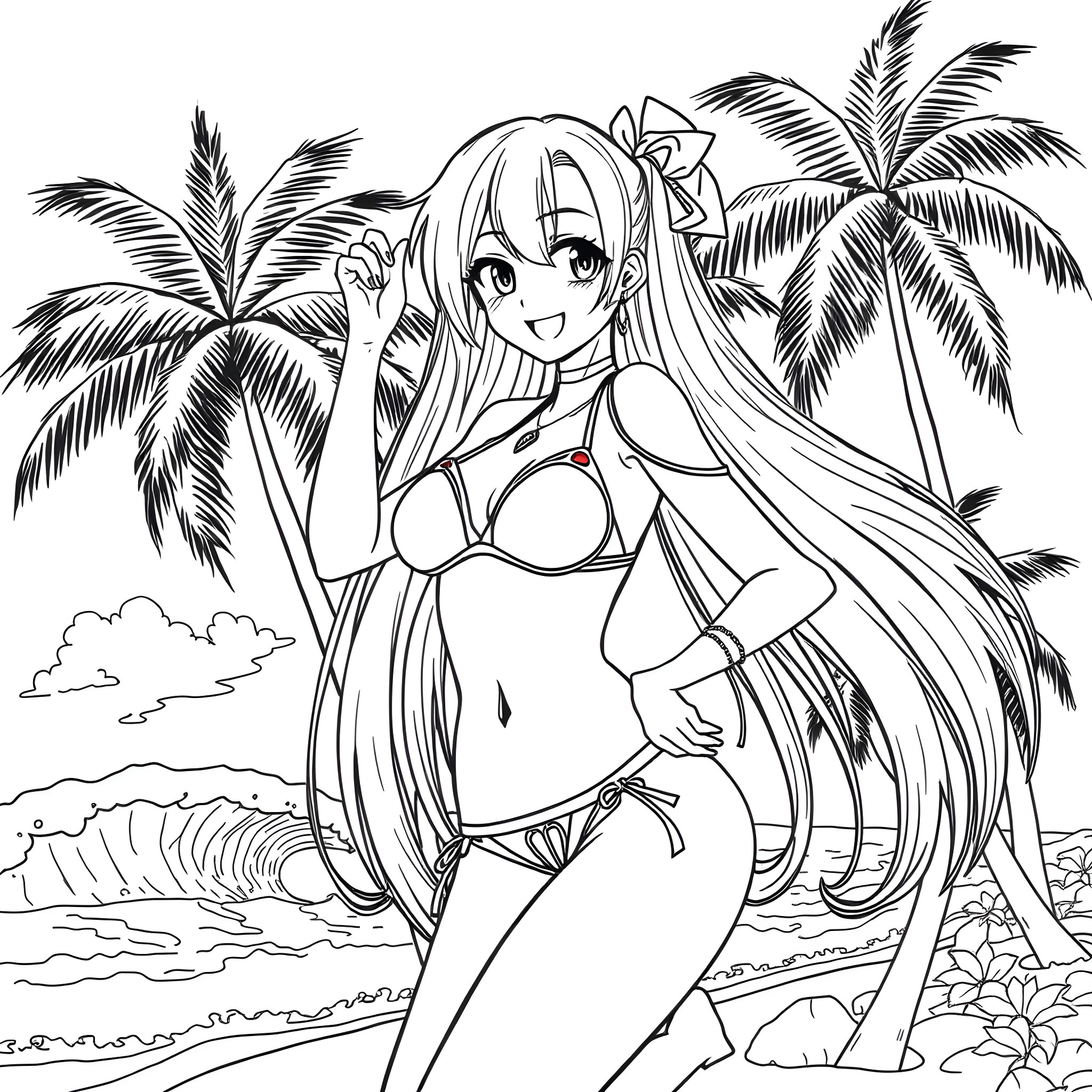 Anime Girl in Tropical Beach Scene Coloring Page (free black-and-white line drawing printable PDF for all, from beginners to advanced learners, including children, teens, adults, and seniors)