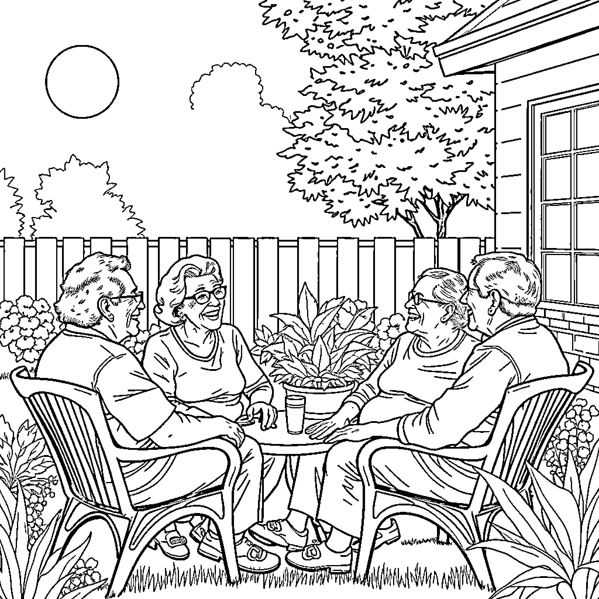 Senior Residents Enjoying Outdoor Gathering Coloring Page (free black-and-white line drawing printable PDF for all, from beginners to advanced learners, including children, teens, adults, and seniors)