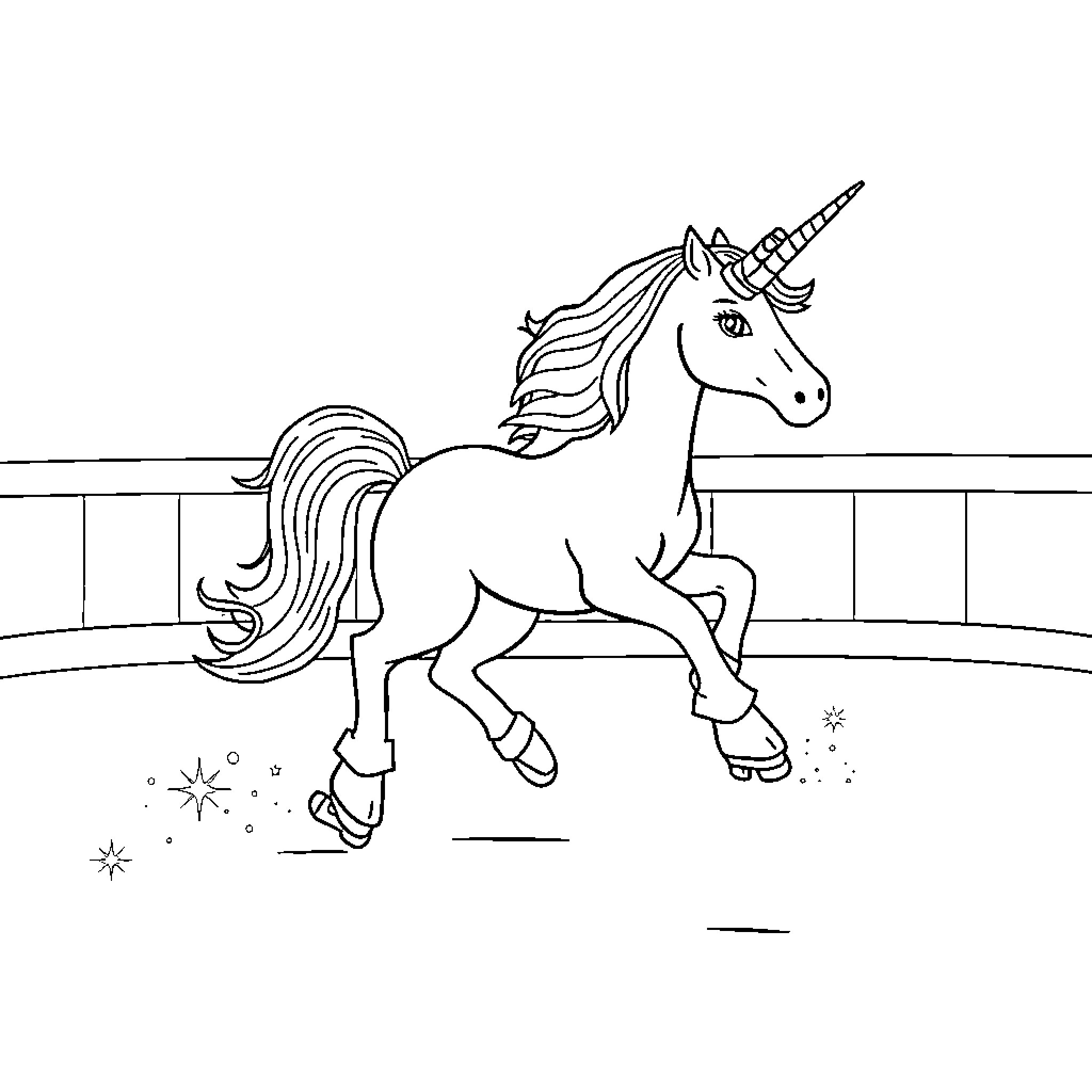 Unicorn Prancing Joyfully on the Meadow Coloring Page (free black-and-white line drawing printable PDF for all, from beginners to advanced learners, including children, teens, adults, and seniors)