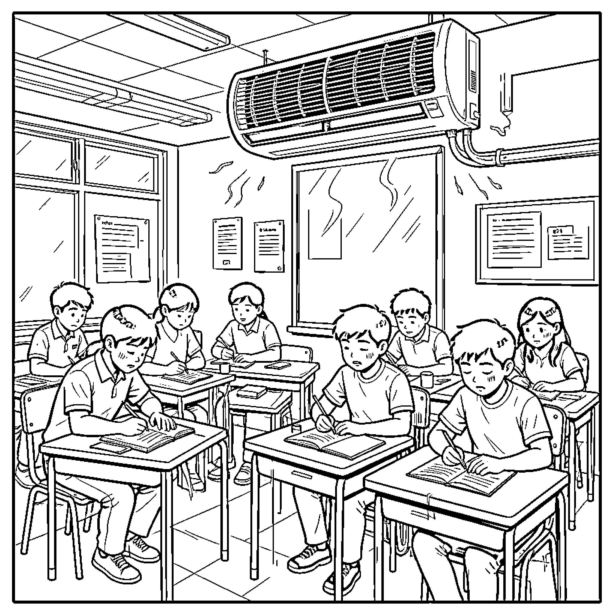 Student sitting at desks studying in a classroom Coloring Page (free black-and-white line drawing printable PDF for all, from beginners to advanced learners, including children, teens, adults, and seniors)