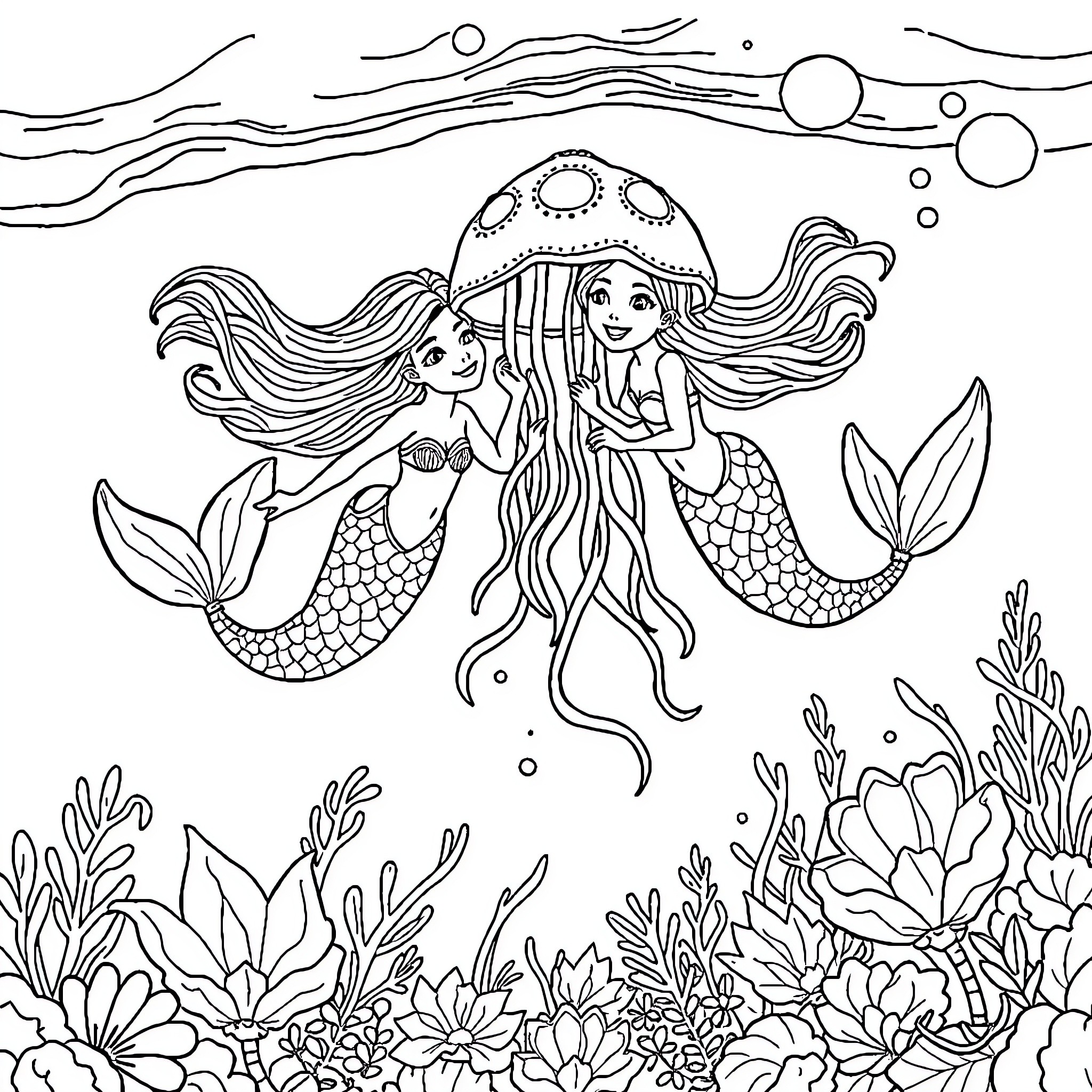 Mermaid sisters frolicking in the underwater seascape Coloring Page (free black-and-white line drawing printable PDF for all, from beginners to advanced learners, including children, teens, adults, and seniors)
