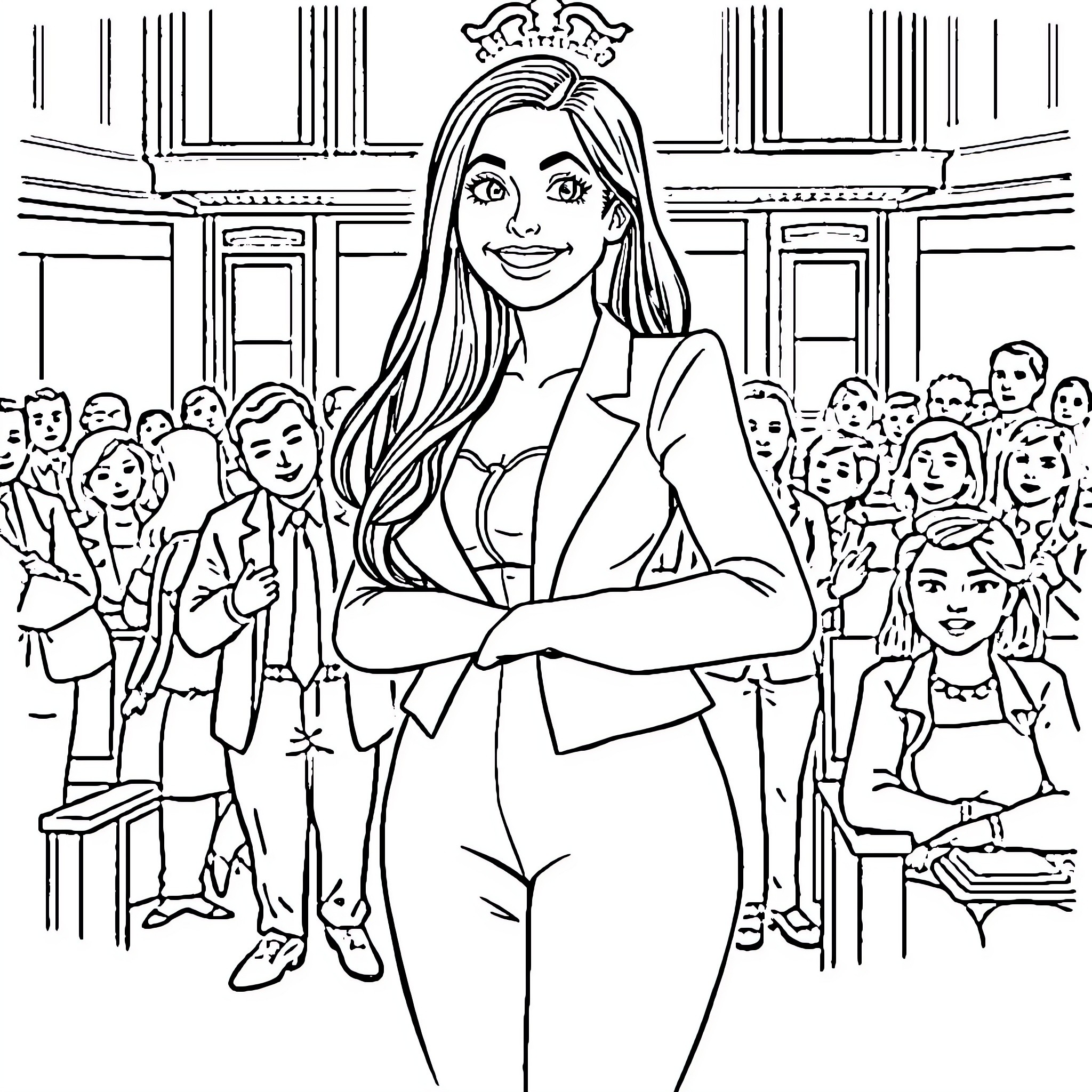 Maya Fey triumphantly addressing the court Coloring Page (free black-and-white line drawing printable PDF for all, from beginners to advanced learners, including children, teens, adults, and seniors)
