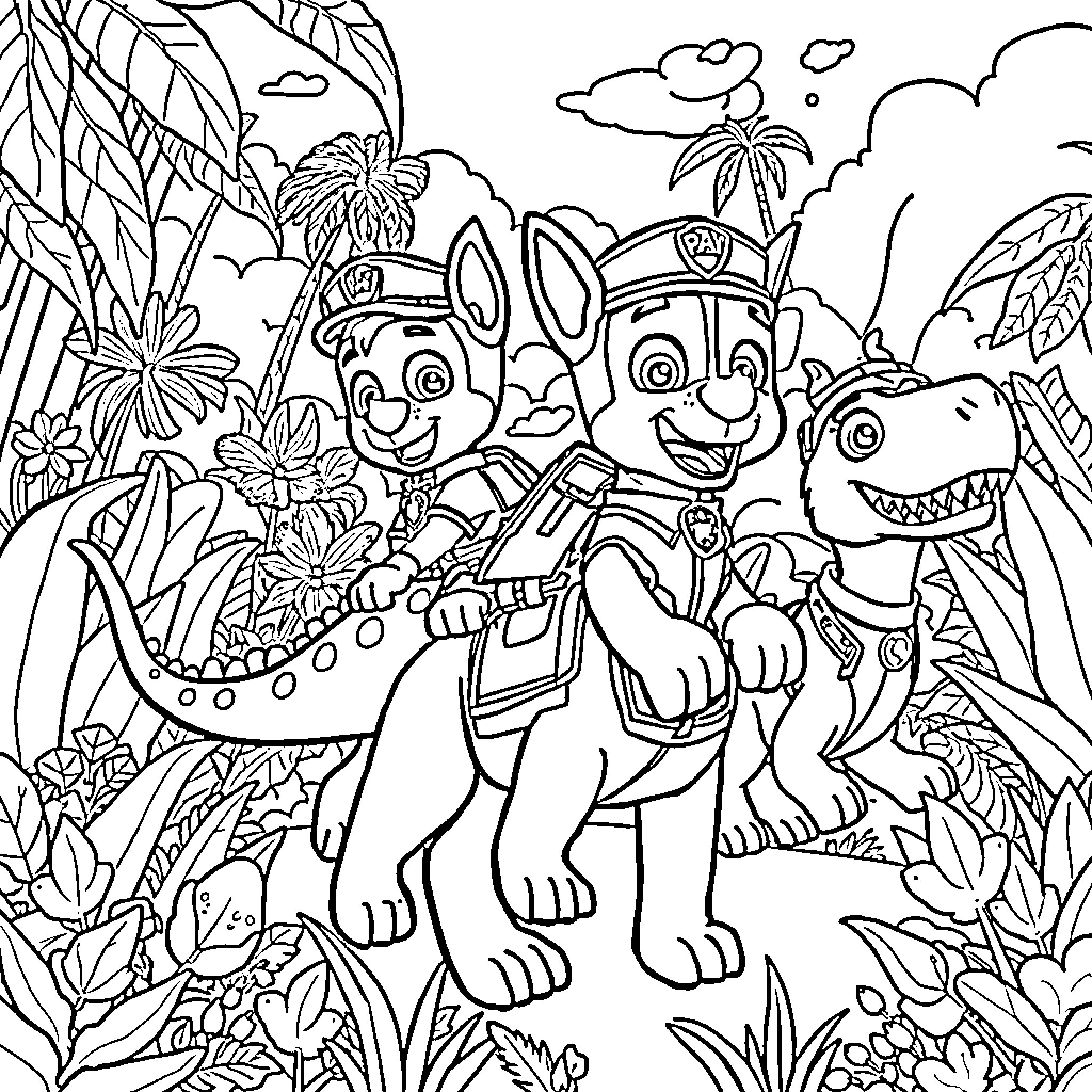 Paw Patrol characters exploring the jungle Coloring Page (free black-and-white line drawing printable PDF for all, from beginners to advanced learners, including children, teens, adults, and seniors)