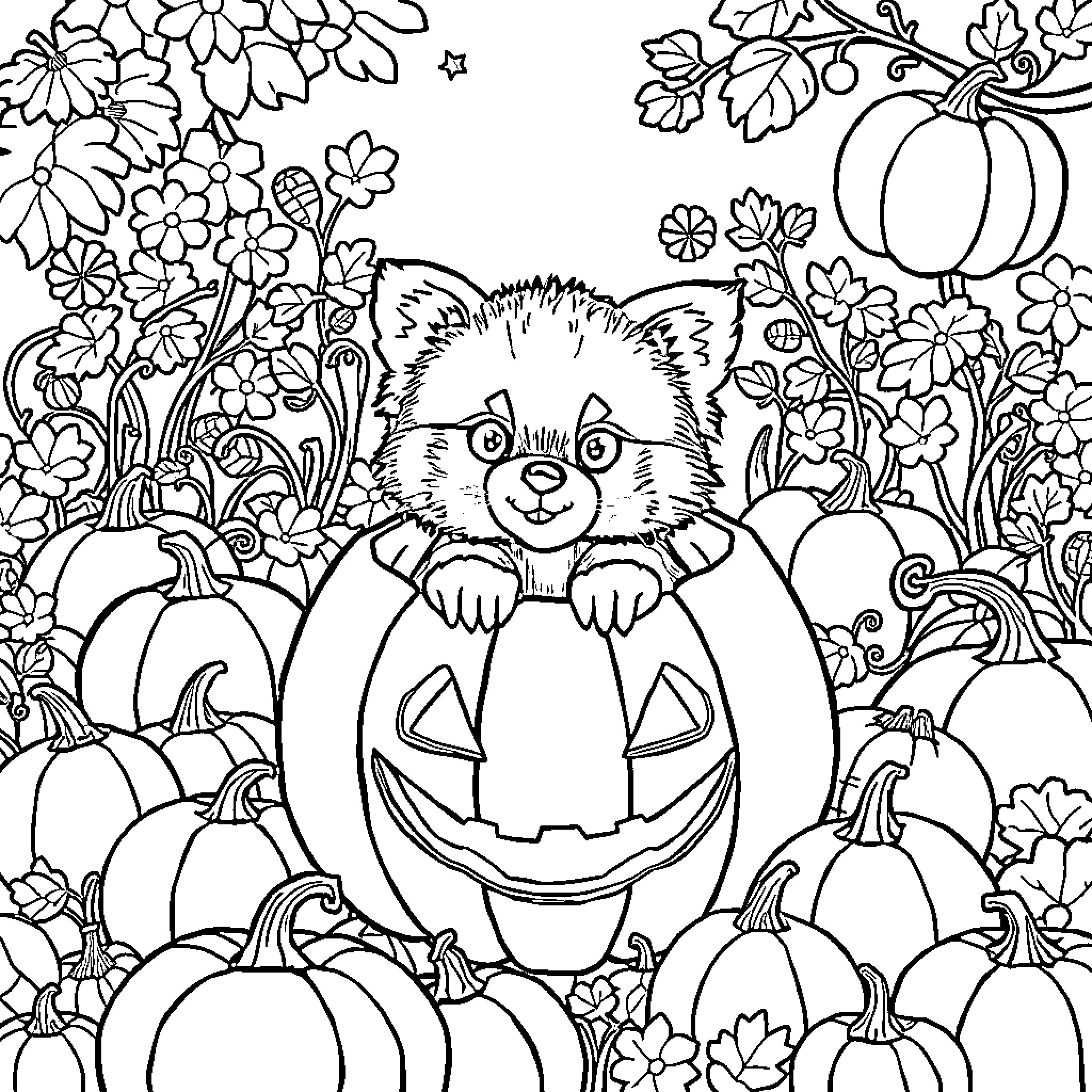 Red Panda exploring a pumpkin patch Coloring Page (free black-and-white line drawing printable PDF for all, from beginners to advanced learners, including children, teens, adults, and seniors)