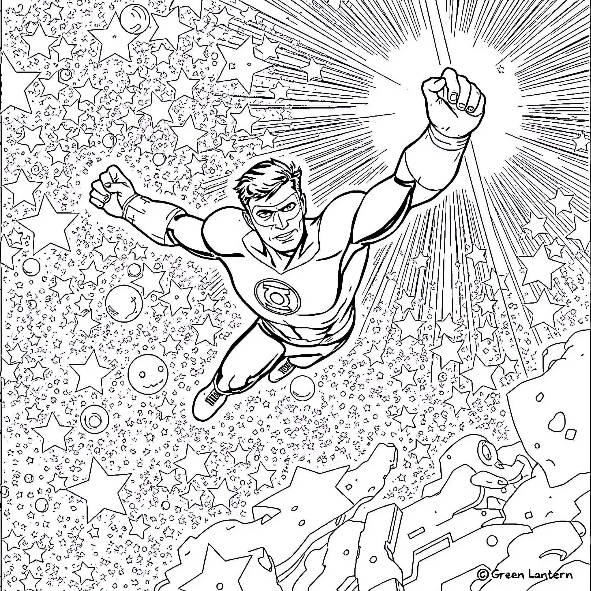 Green Lantern soaring through cosmic energy field Coloring Page (free black-and-white line drawing printable PDF for all, from beginners to advanced learners, including children, teens, adults, and seniors)