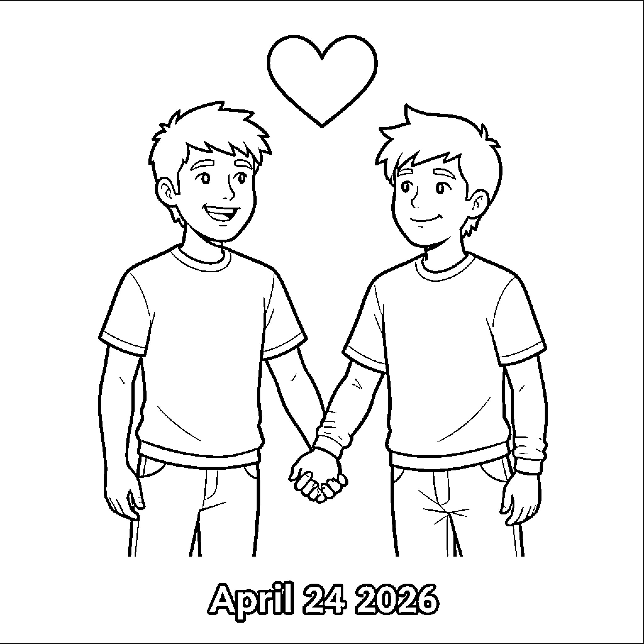 Heartfelt moment of two boys holding hands Coloring Page (free black-and-white line drawing printable PDF for all, from beginners to advanced learners, including children, teens, adults, and seniors)