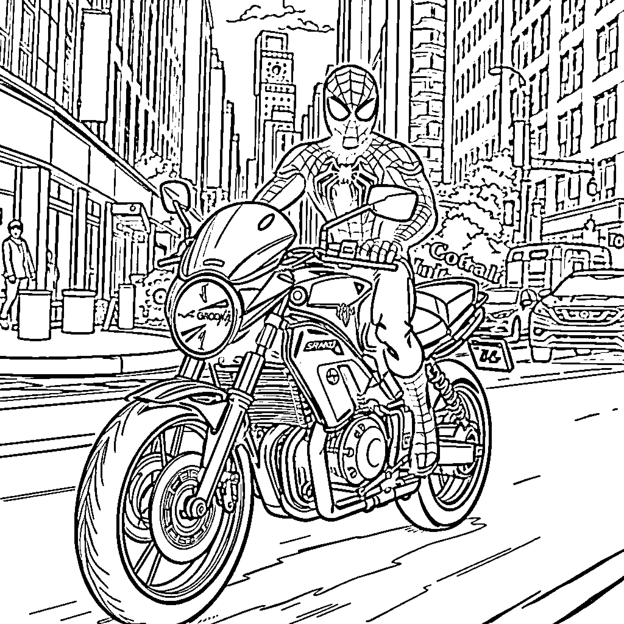Spiderman riding a motorcycle through the city Coloring Page (free black-and-white line drawing printable PDF for all, from beginners to advanced learners, including children, teens, adults, and seniors)