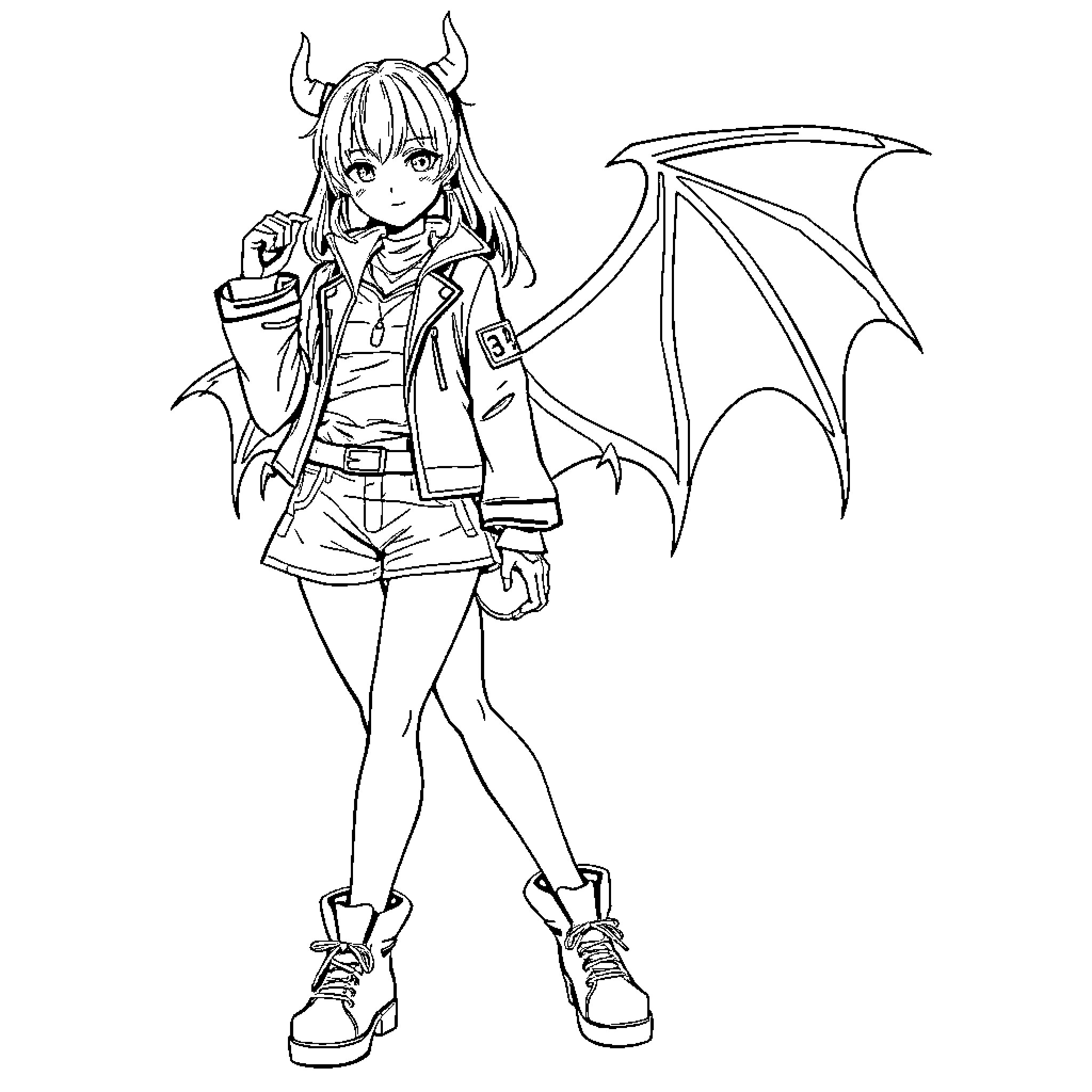 Rumi's Whimsical Devilish Attire Coloring Page (free black-and-white line drawing printable PDF for all, from beginners to advanced learners, including children, teens, adults, and seniors)