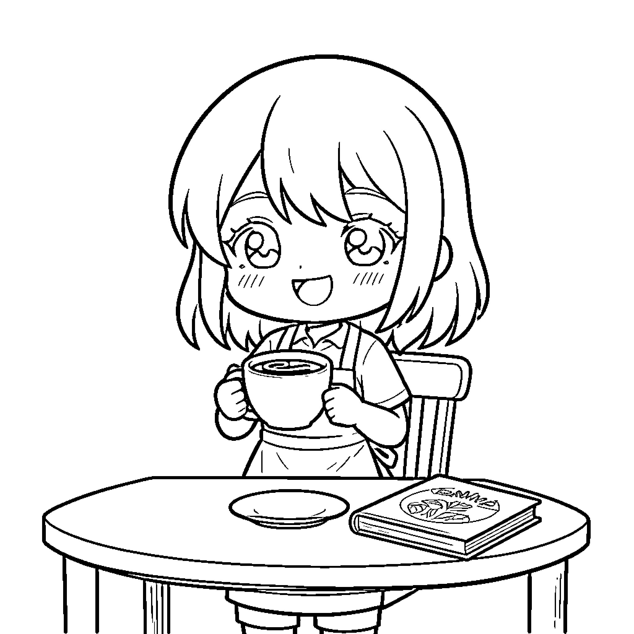 Chibi Girl happily drinking from a mug at a table Coloring Page (free black-and-white line drawing printable PDF for all, from beginners to advanced learners, including children, teens, adults, and seniors)
