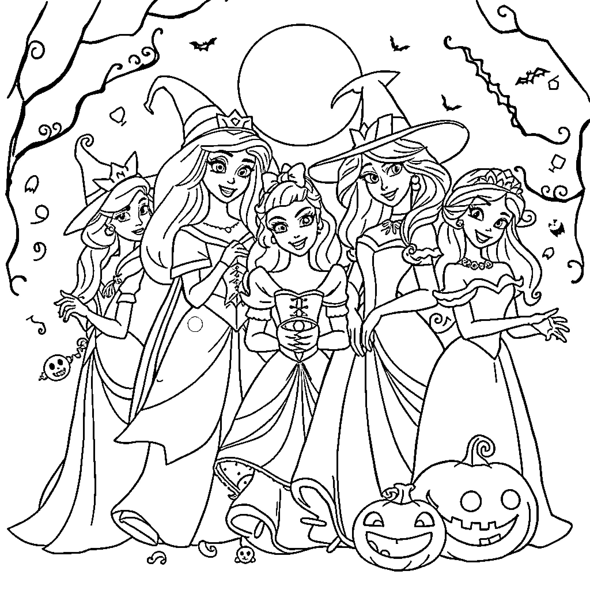 Princess Halloween Party with Magical Costumes Coloring Page (free black-and-white line drawing printable PDF for all, from beginners to advanced learners, including children, teens, adults, and seniors)