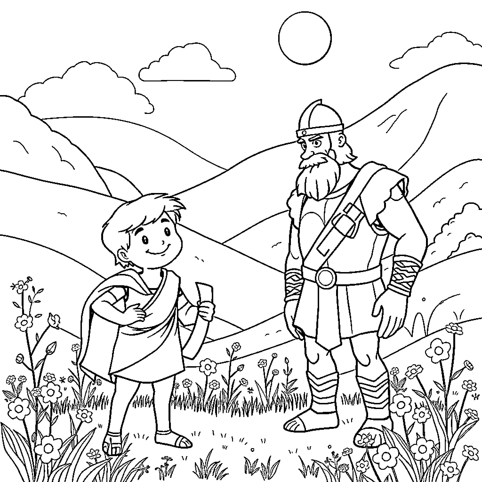 David's Mountain Adventure with Wise Companion Coloring Page (free black-and-white line drawing printable PDF for all, from beginners to advanced learners, including children, teens, adults, and seniors)