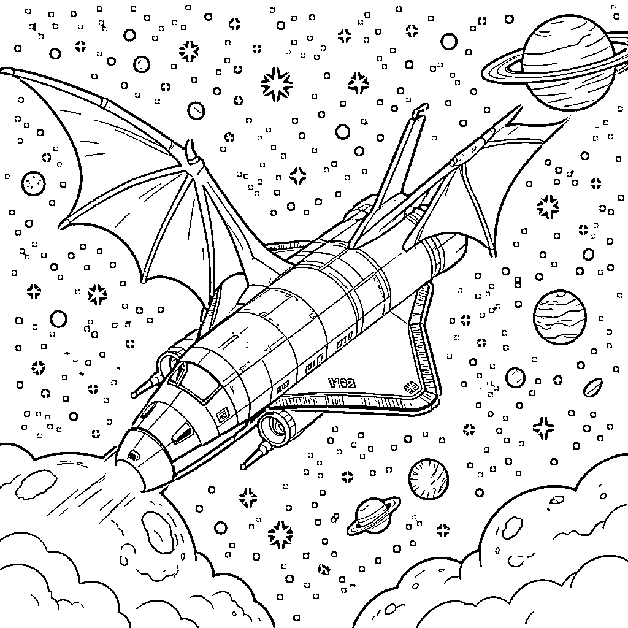 Dragon shaped spacecraft soaring through a star-filled galaxy Coloring Page (free black-and-white line drawing printable PDF for all, from beginners to advanced learners, including children, teens, adults, and seniors)
