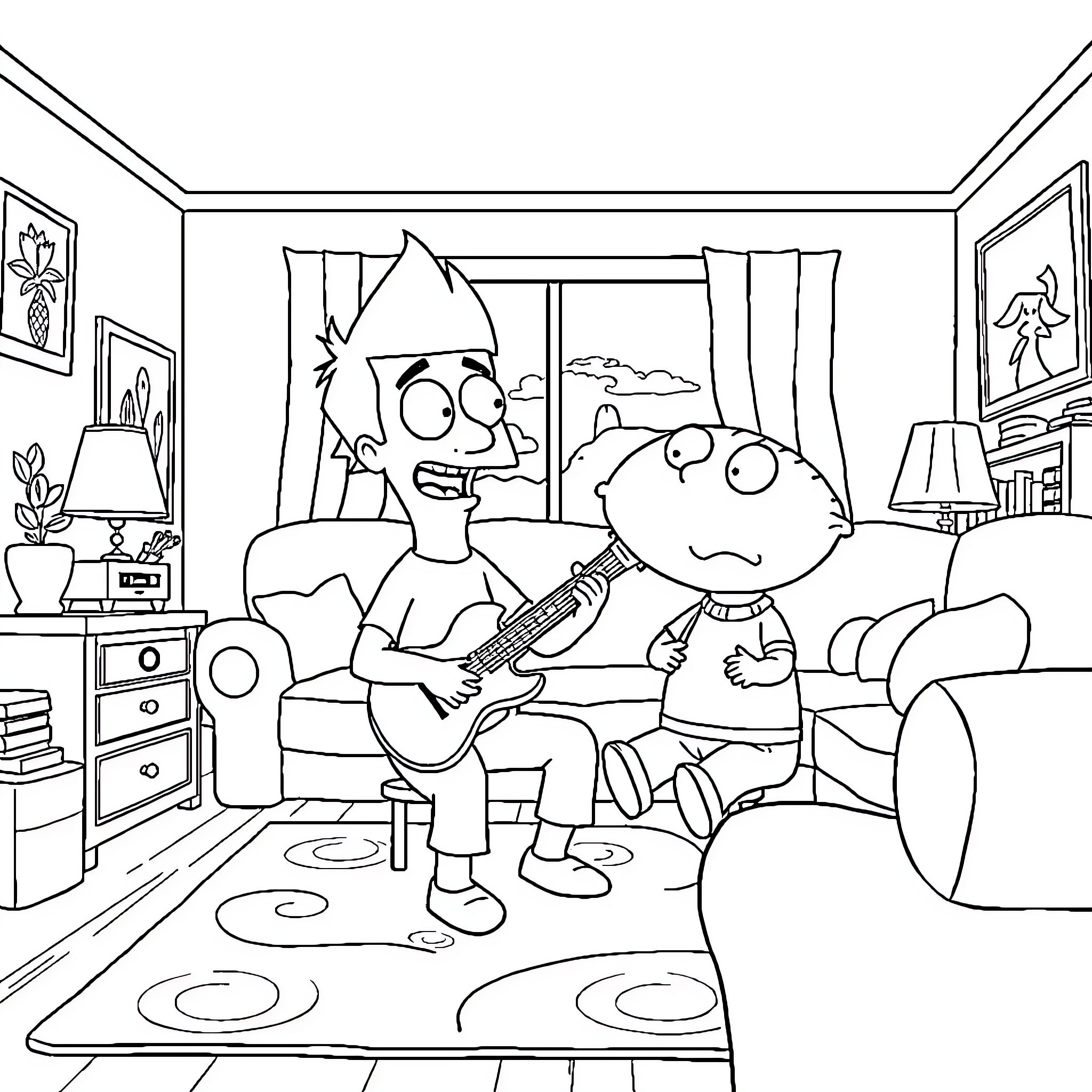 Gene Sharing Music with Friends in Living Room Coloring Page (free black-and-white line drawing printable PDF for all, from beginners to advanced learners, including children, teens, adults, and seniors)