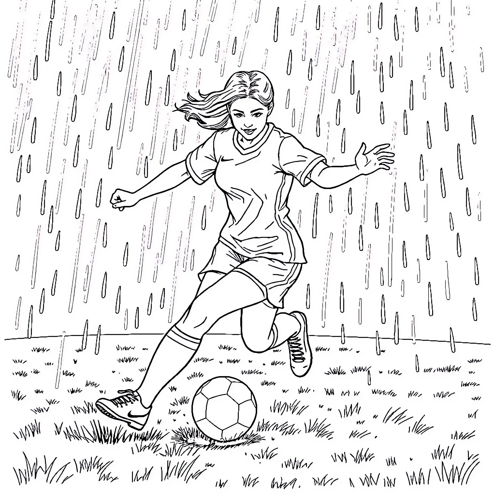 Soccer Lady Joyfully Plays in the Rain Coloring Page (free black-and-white line drawing printable PDF for all, from beginners to advanced learners, including children, teens, adults, and seniors)