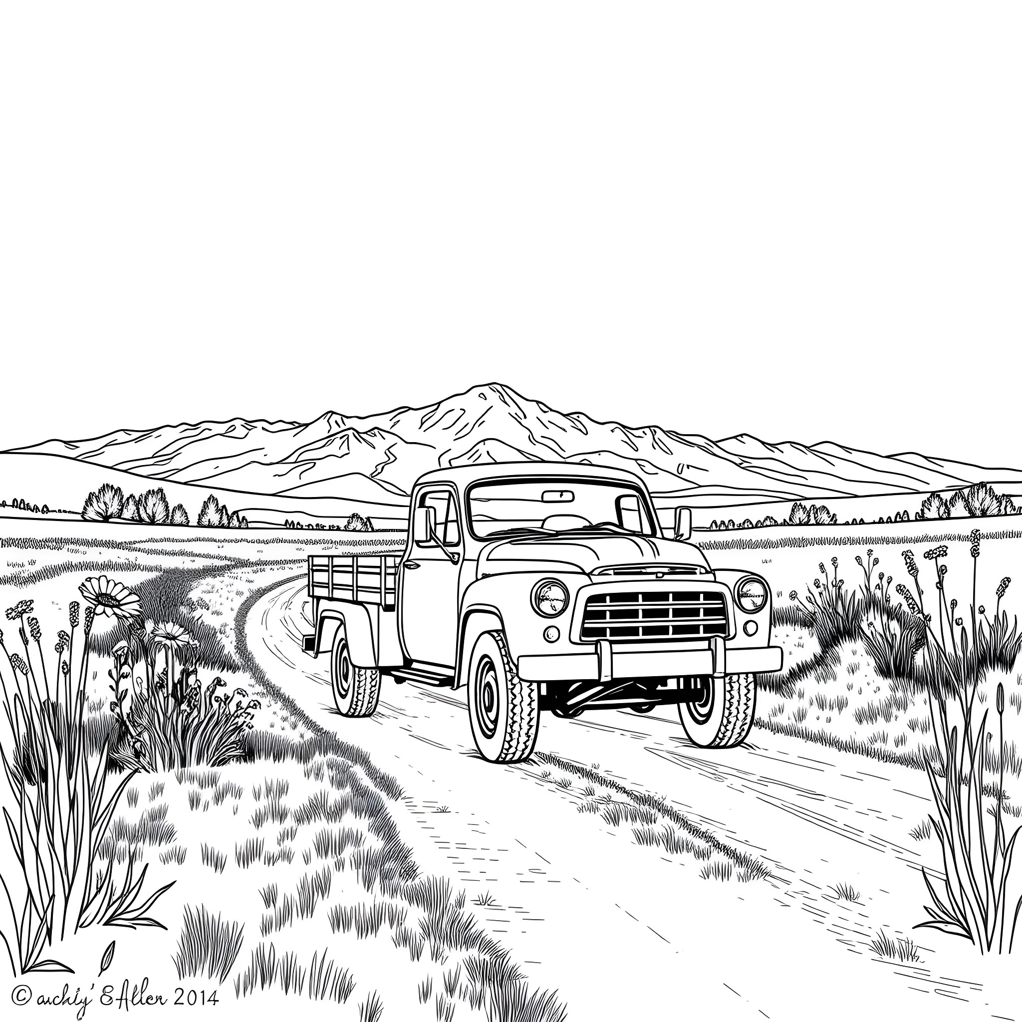 Truck hauling cargo on a rural mountain road Coloring Page (free black-and-white line drawing printable PDF for all, from beginners to advanced learners, including children, teens, adults, and seniors)