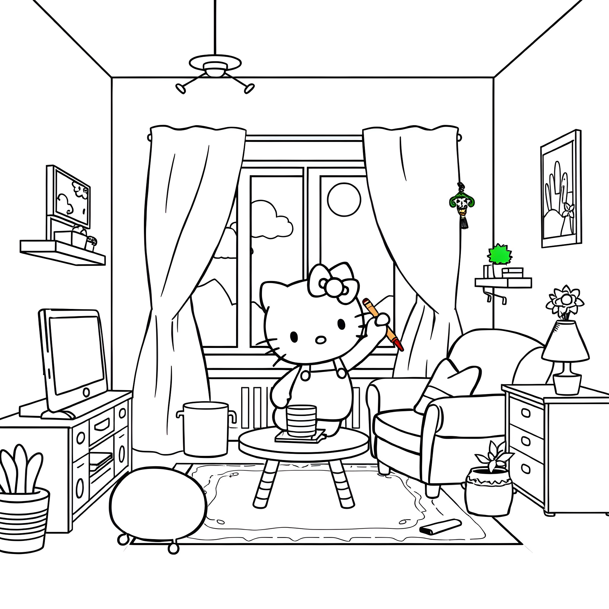 Hello Kitty relaxing in a cozy bedroom Coloring Page (free black-and-white line drawing printable PDF for all, from beginners to advanced learners, including children, teens, adults, and seniors)