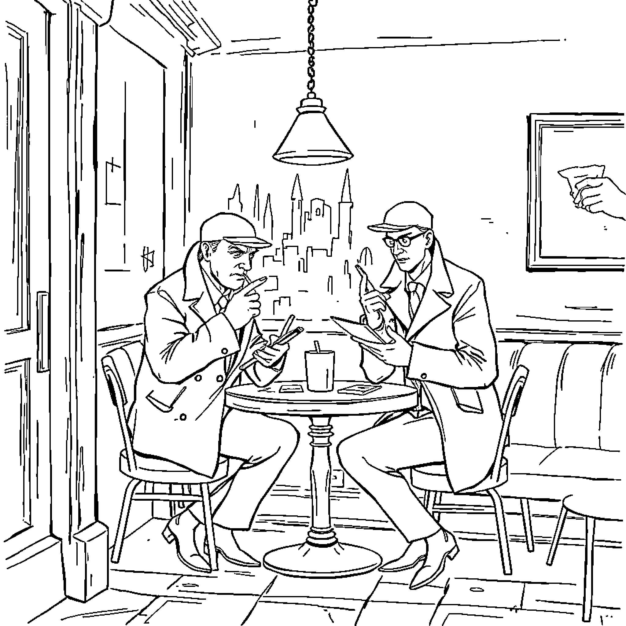 Spy meeting in a covert cafe Coloring Page (free black-and-white line drawing printable PDF for all, from beginners to advanced learners, including children, teens, adults, and seniors)