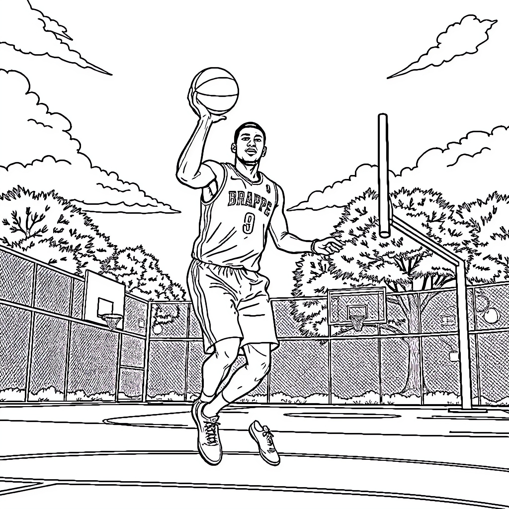 Mbappe in action on the basketball court Coloring Page (free black-and-white line drawing printable PDF for all, from beginners to advanced learners, including children, teens, adults, and seniors)