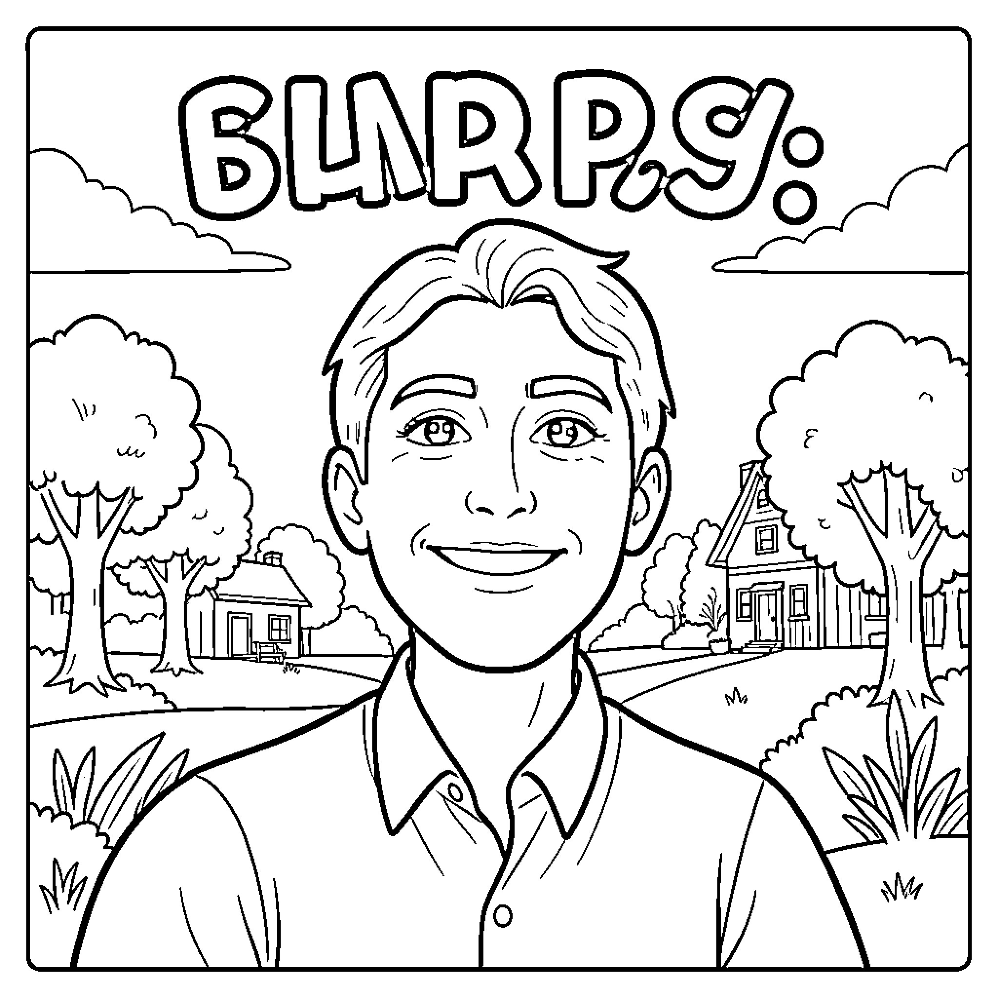 Name smiling man standing in front of a village Coloring Page (free black-and-white line drawing printable PDF for all, from beginners to advanced learners, including children, teens, adults, and seniors)