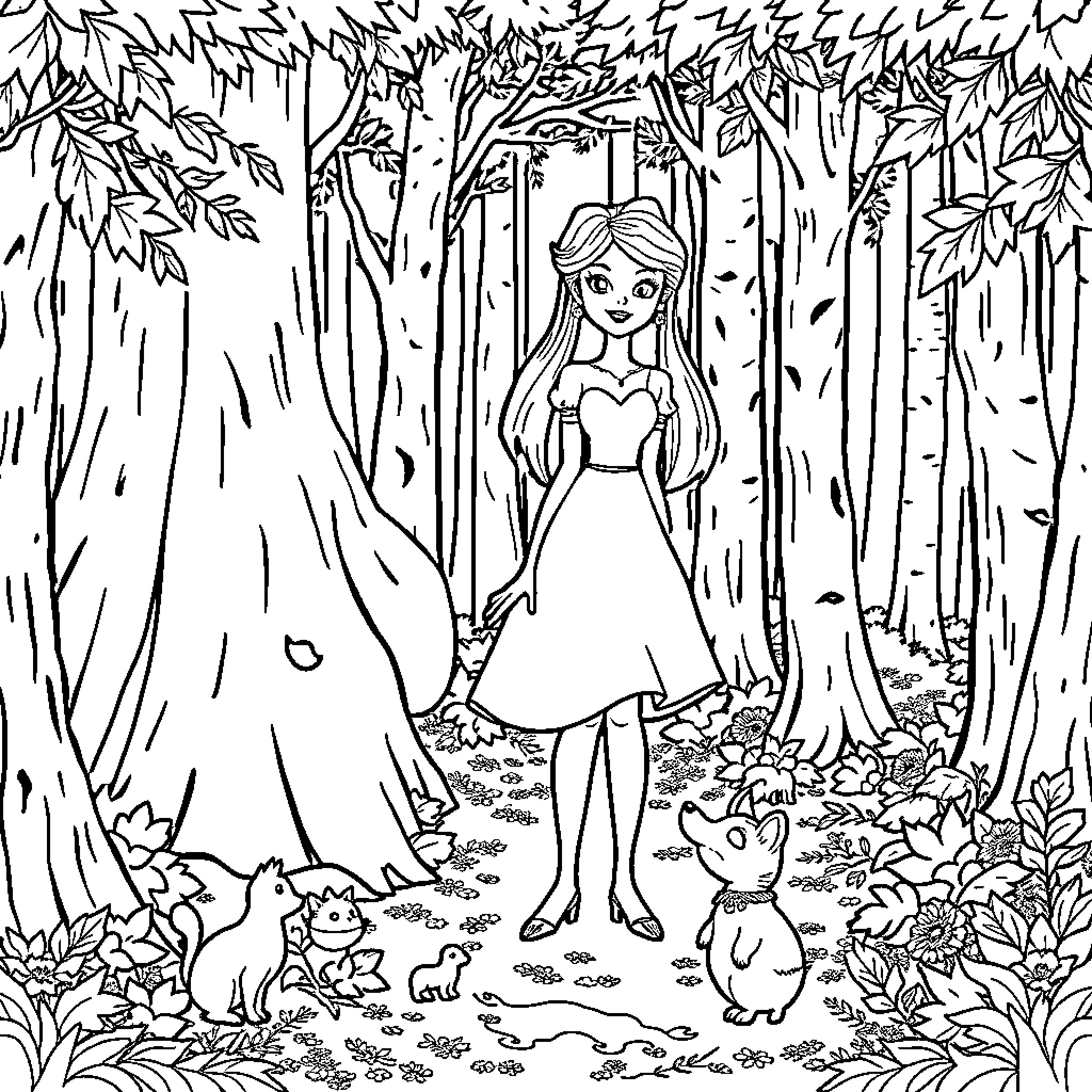 Snow White in the Enchanted Forest Coloring Page (free black-and-white line drawing printable PDF for all, from beginners to advanced learners, including children, teens, adults, and seniors)