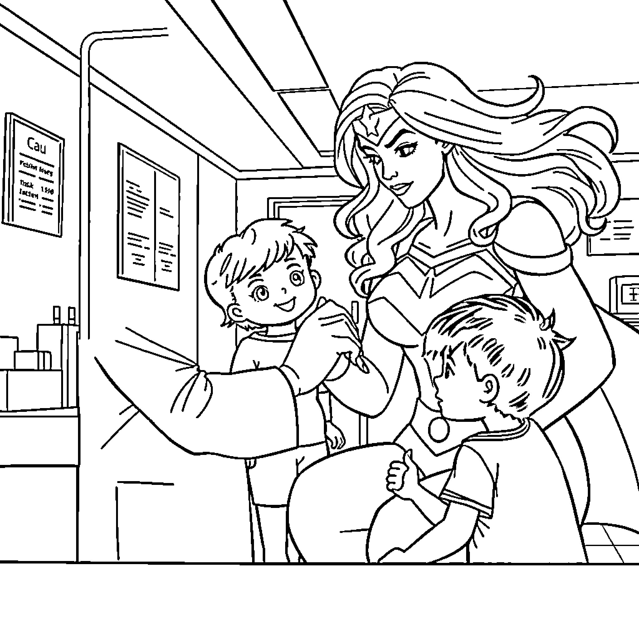Superwoman Comforts Children in Medical Setting Coloring Page (free black-and-white line drawing printable PDF for all, from beginners to advanced learners, including children, teens, adults, and seniors)