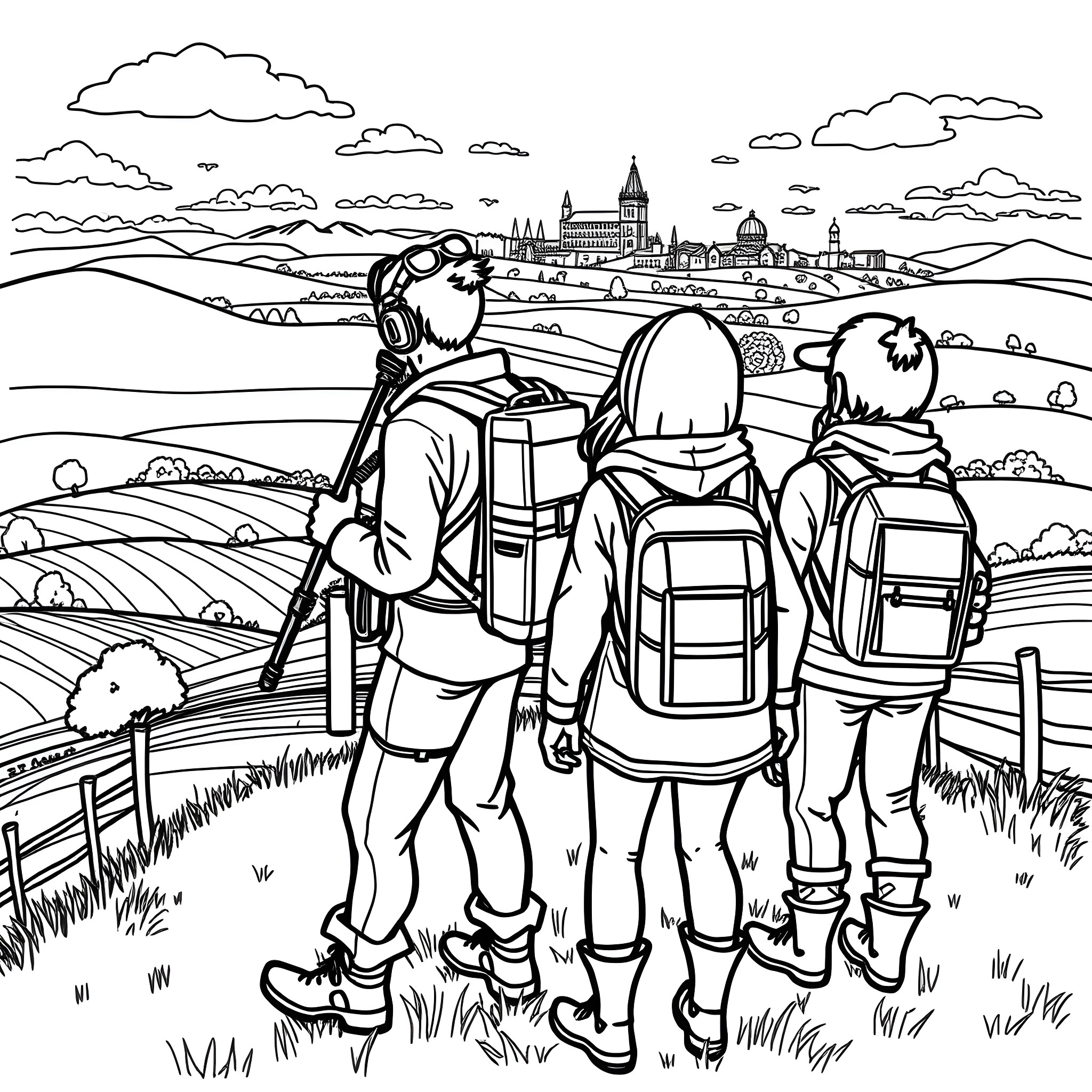 Among Us Adventurers Explore Scenic Landscape Coloring Page (free black-and-white line drawing printable PDF for all, from beginners to advanced learners, including children, teens, adults, and seniors)