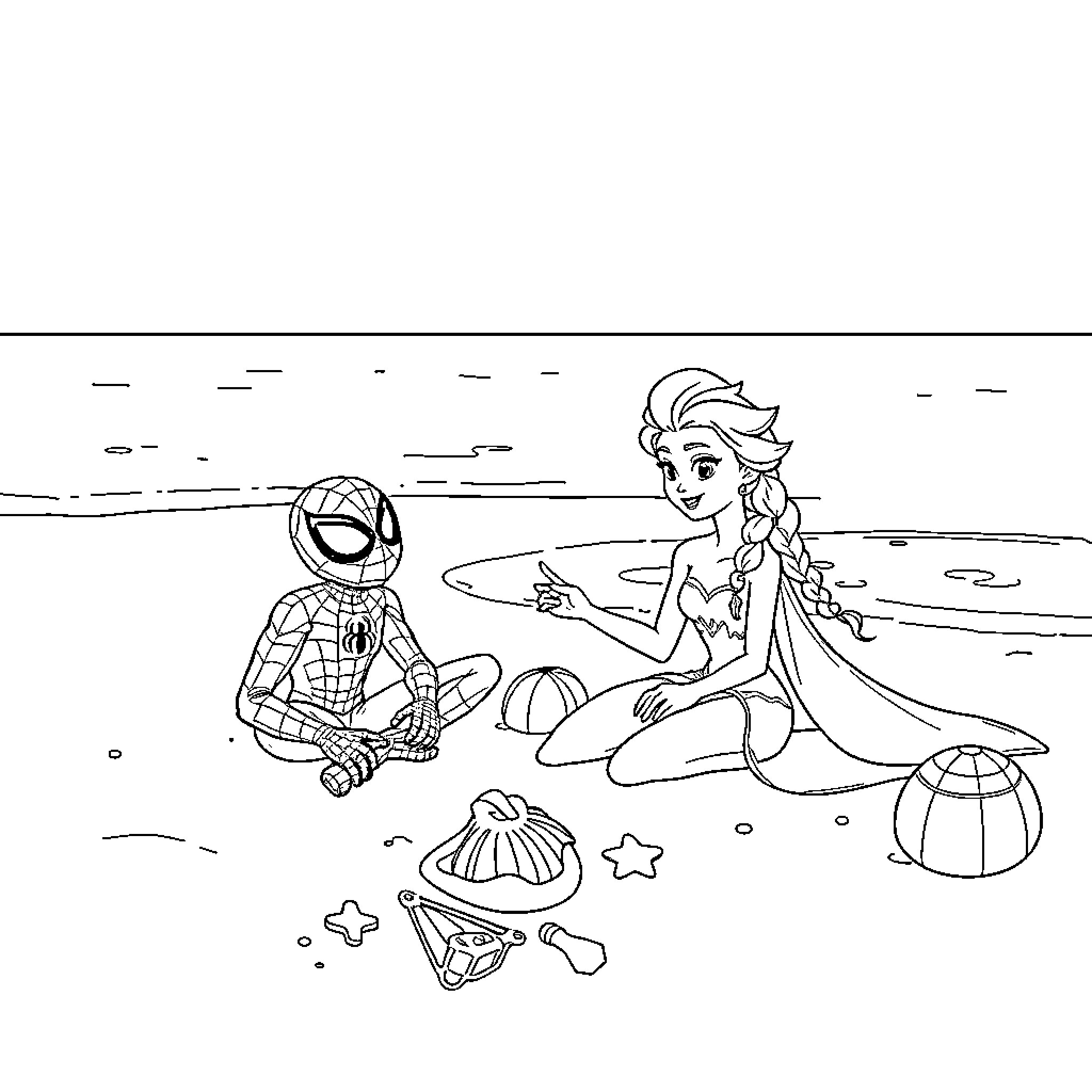 Spider-Man playing with princess on the beach Coloring Page (free black-and-white line drawing printable PDF for all, from beginners to advanced learners, including children, teens, adults, and seniors)