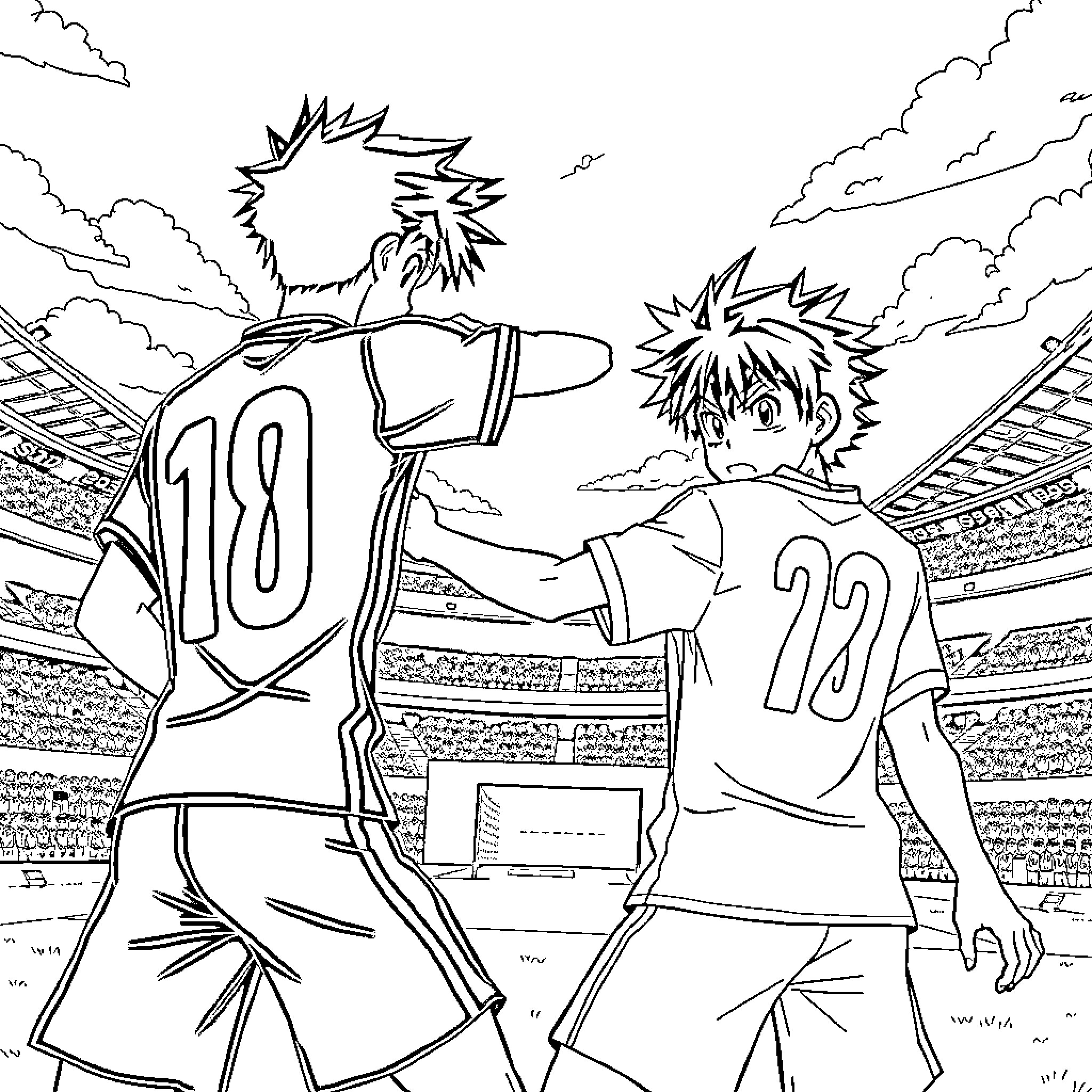 Tsubasa: Two soccer players facing off on the field Coloring Page (free black-and-white line drawing printable PDF for all, from beginners to advanced learners, including children, teens, adults, and seniors)