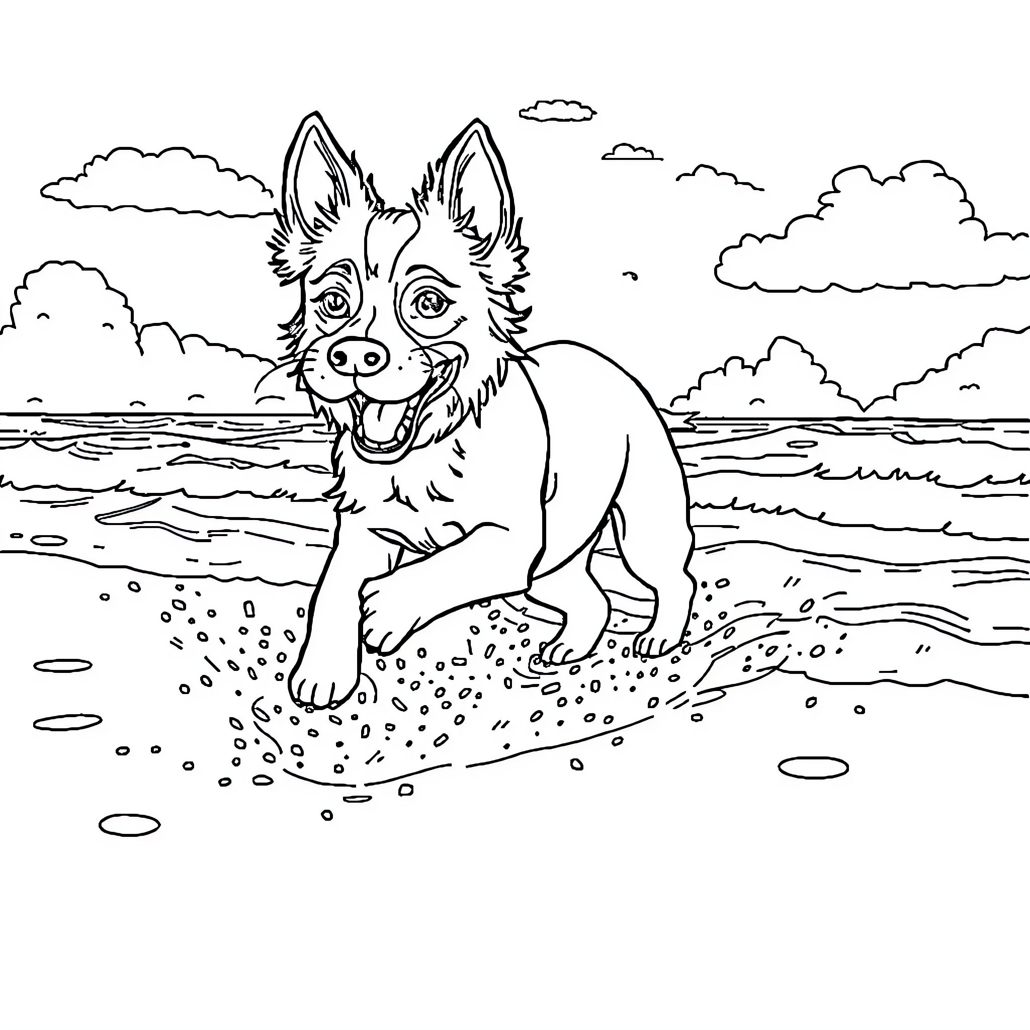 Dog playing joyfully on the beach Coloring Page (free black-and-white line drawing printable PDF for all, from beginners to advanced learners, including children, teens, adults, and seniors)