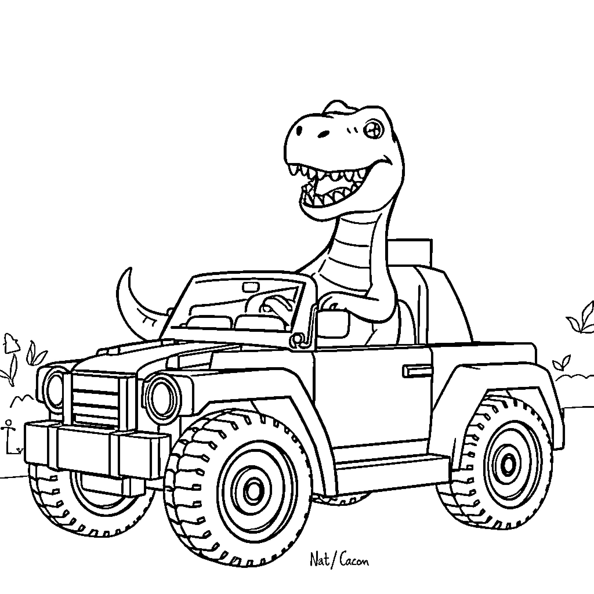 Dino driving a rugged off-road vehicle Coloring Page (free black-and-white line drawing printable PDF for all, from beginners to advanced learners, including children, teens, adults, and seniors)