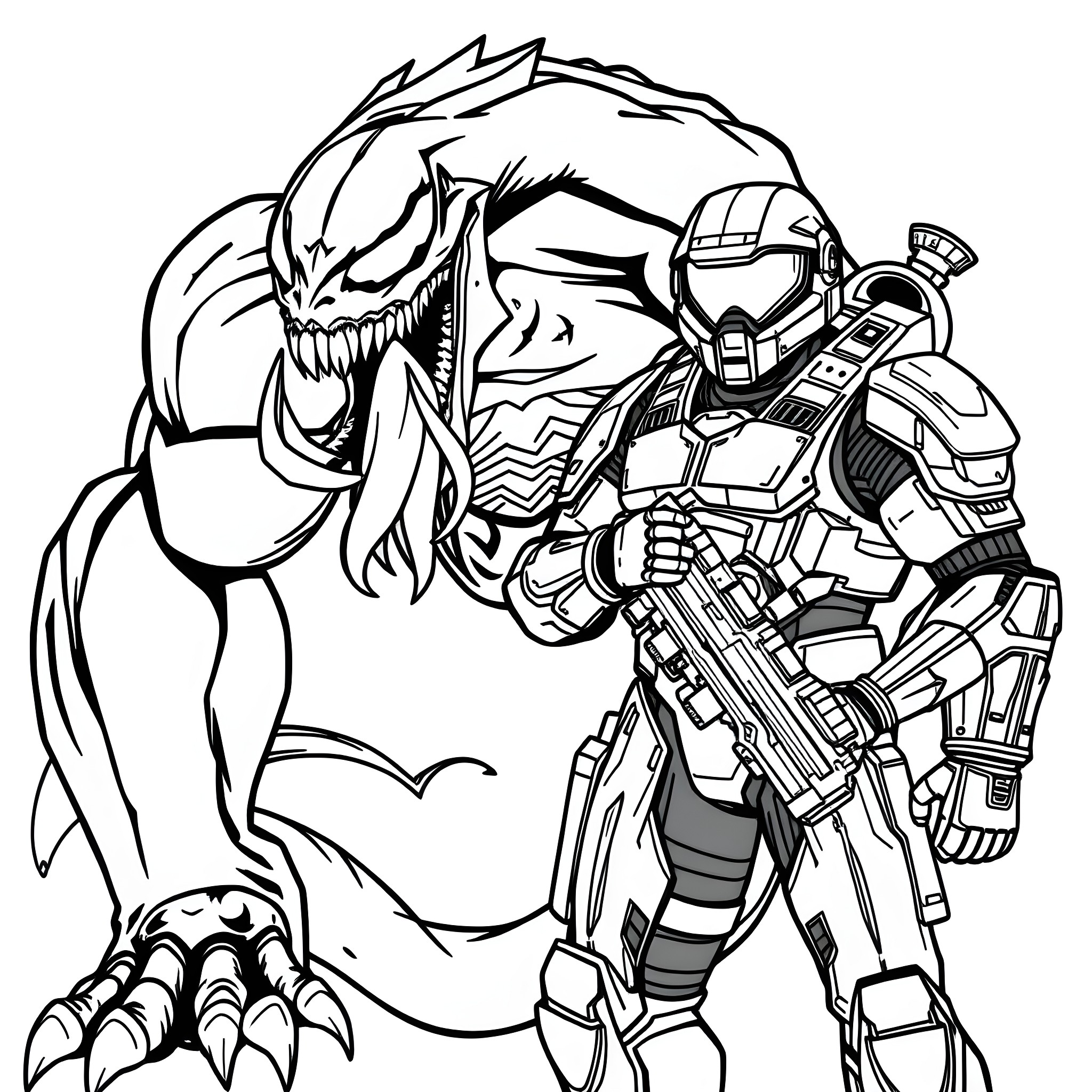 Venom Unleashed: Alien Symbiote Confronts Heavily-Armed Warrior Coloring Page (free black-and-white line drawing printable PDF for all, from beginners to advanced learners, including children, teens, adults, and seniors)