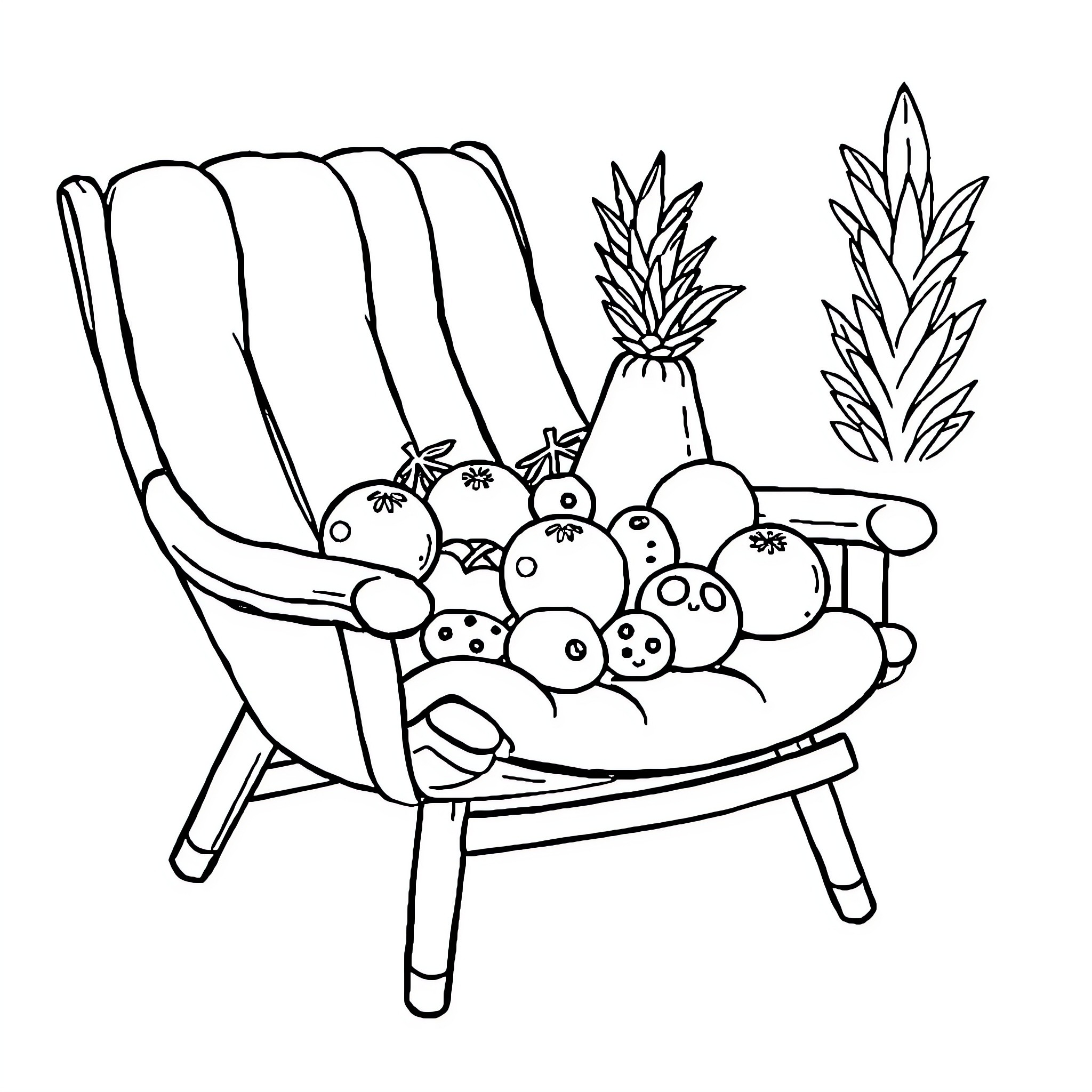 Sillón con frutas y plantas decorativas Coloring Page (free black-and-white line drawing printable PDF for all, from beginners to advanced learners, including children, teens, adults, and seniors)