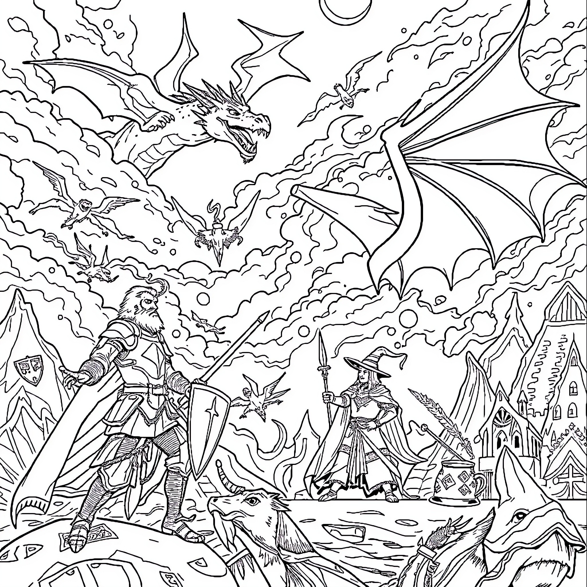 Dragon warriors battling fearsome beasts in a fantastical realm Coloring Page (free black-and-white line drawing printable PDF for all, from beginners to advanced learners, including children, teens, adults, and seniors)