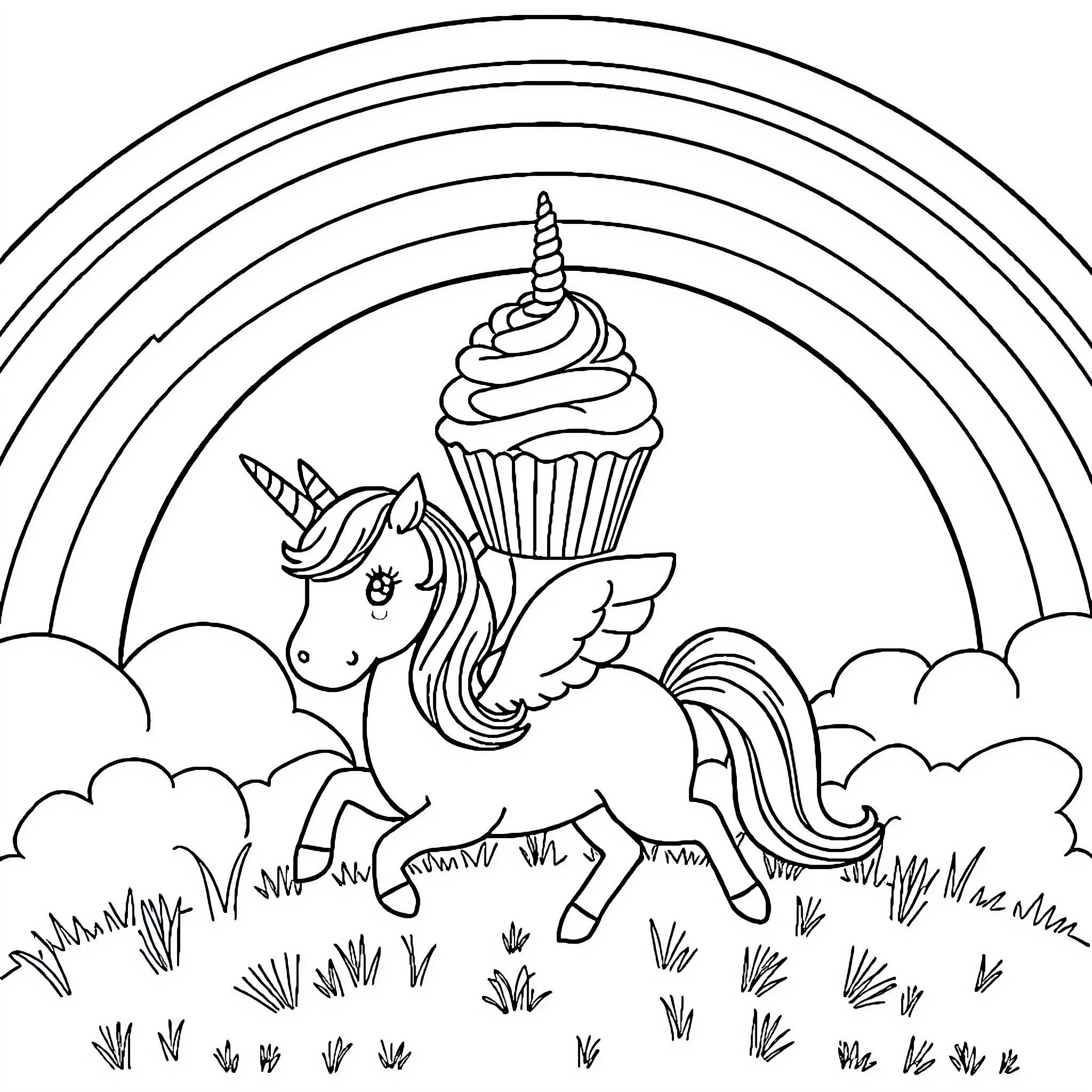 Cupcake Unicorn Frolicking Through Magical Meadow Coloring Page (free black-and-white line drawing printable PDF for all, from beginners to advanced learners, including children, teens, adults, and seniors)