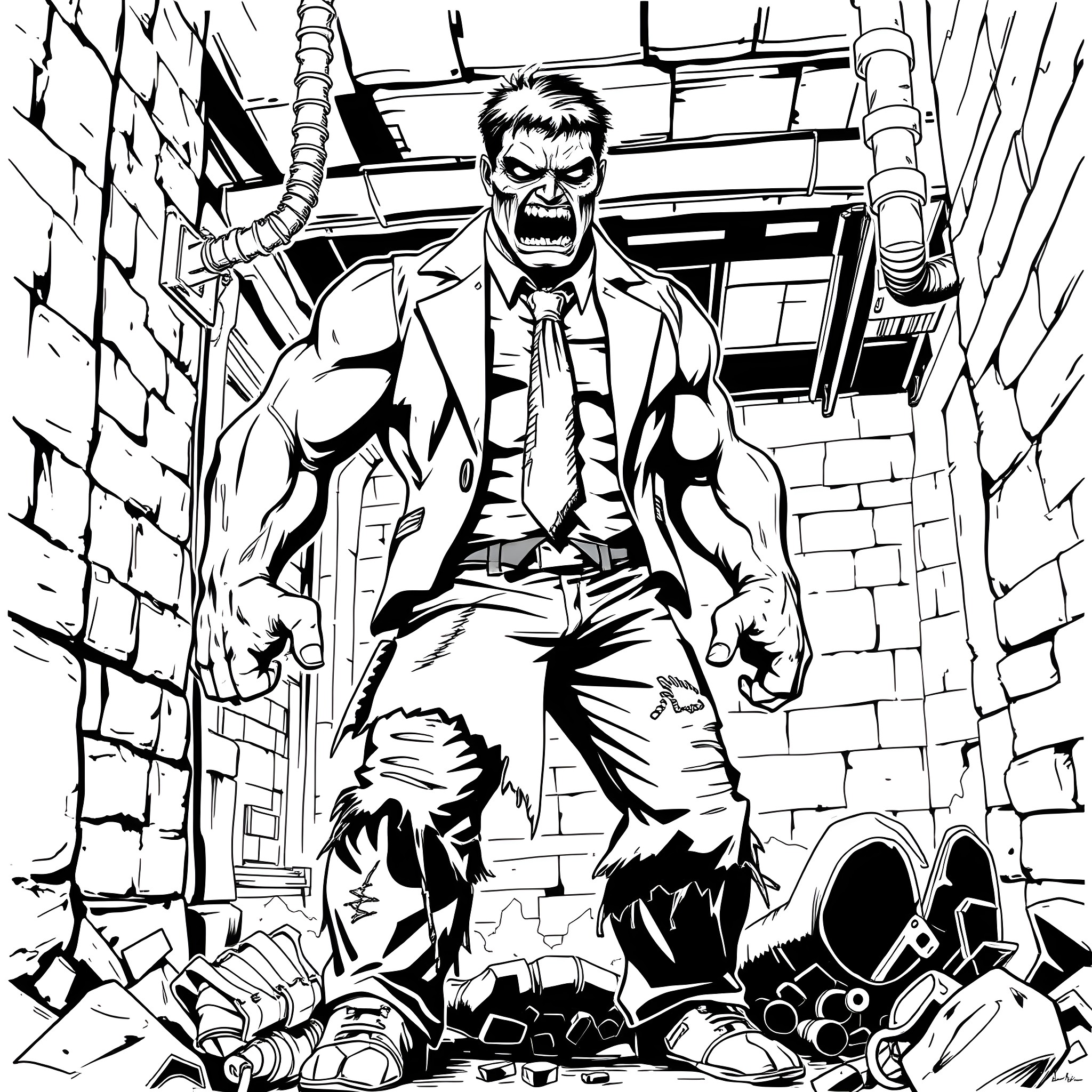 Zombie Super Hulk Rampages Through the City Coloring Page (free black-and-white line drawing printable PDF for all, from beginners to advanced learners, including children, teens, adults, and seniors)