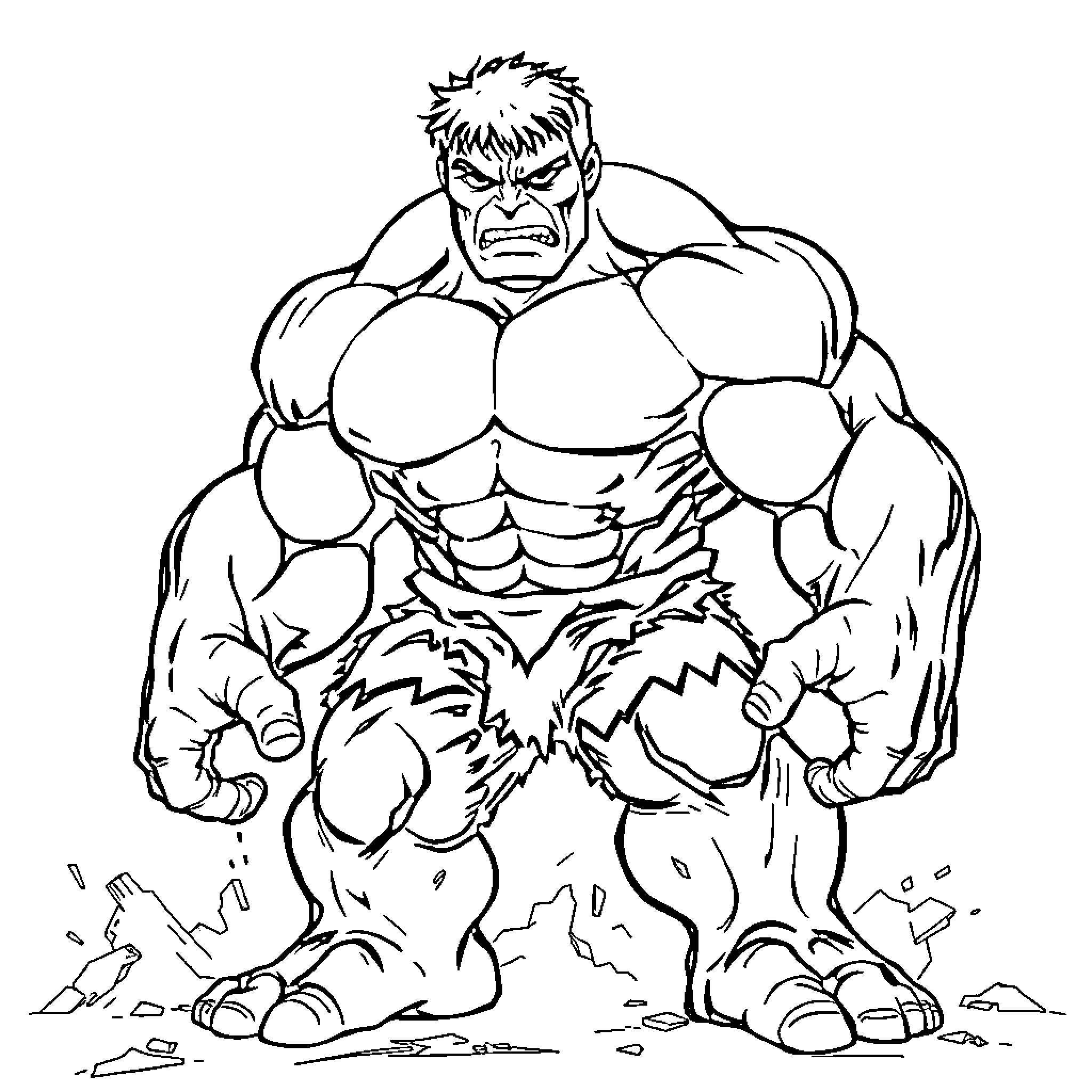 Hulk Smashing Through the Ground Coloring Page (free black-and-white line drawing printable PDF for all, from beginners to advanced learners, including children, teens, adults, and seniors)