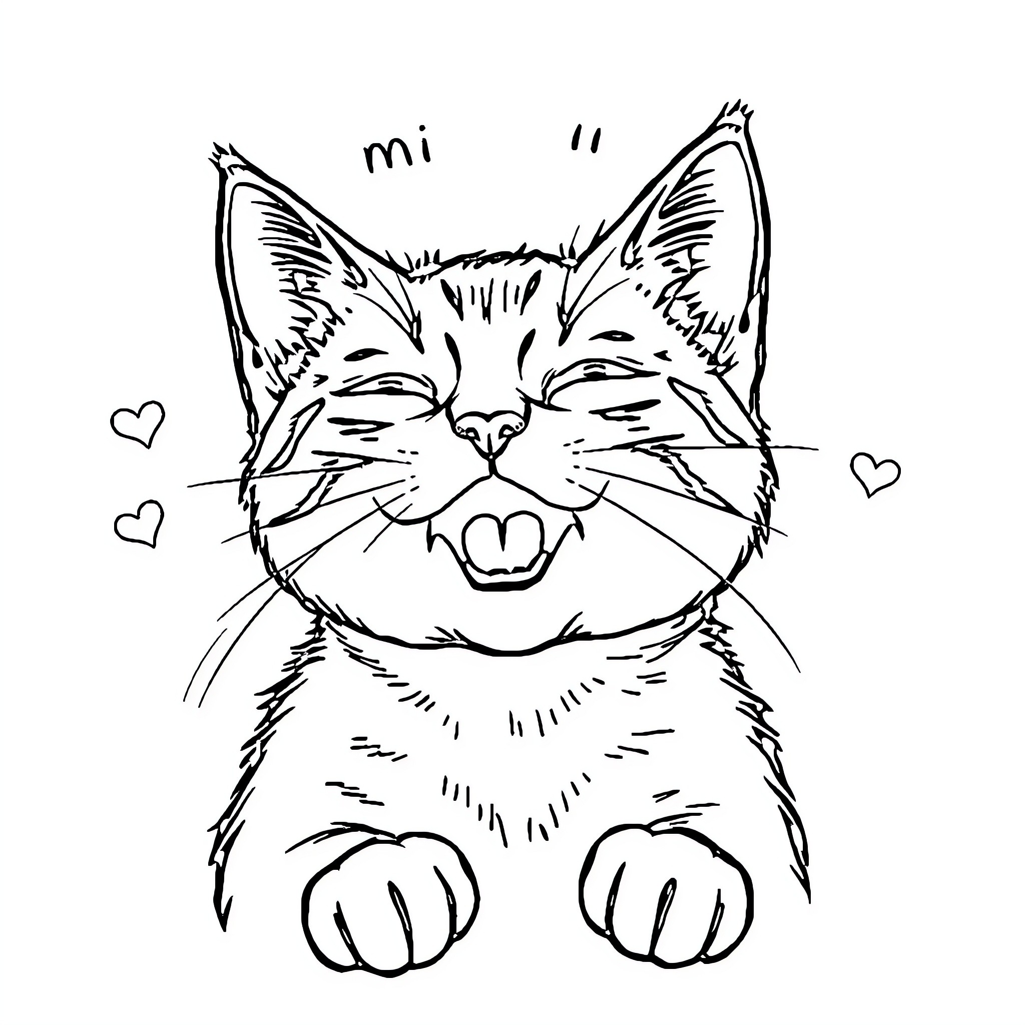 Cat expressing affection with hearts Coloring Page (free black-and-white line drawing printable PDF for all, from beginners to advanced learners, including children, teens, adults, and seniors)