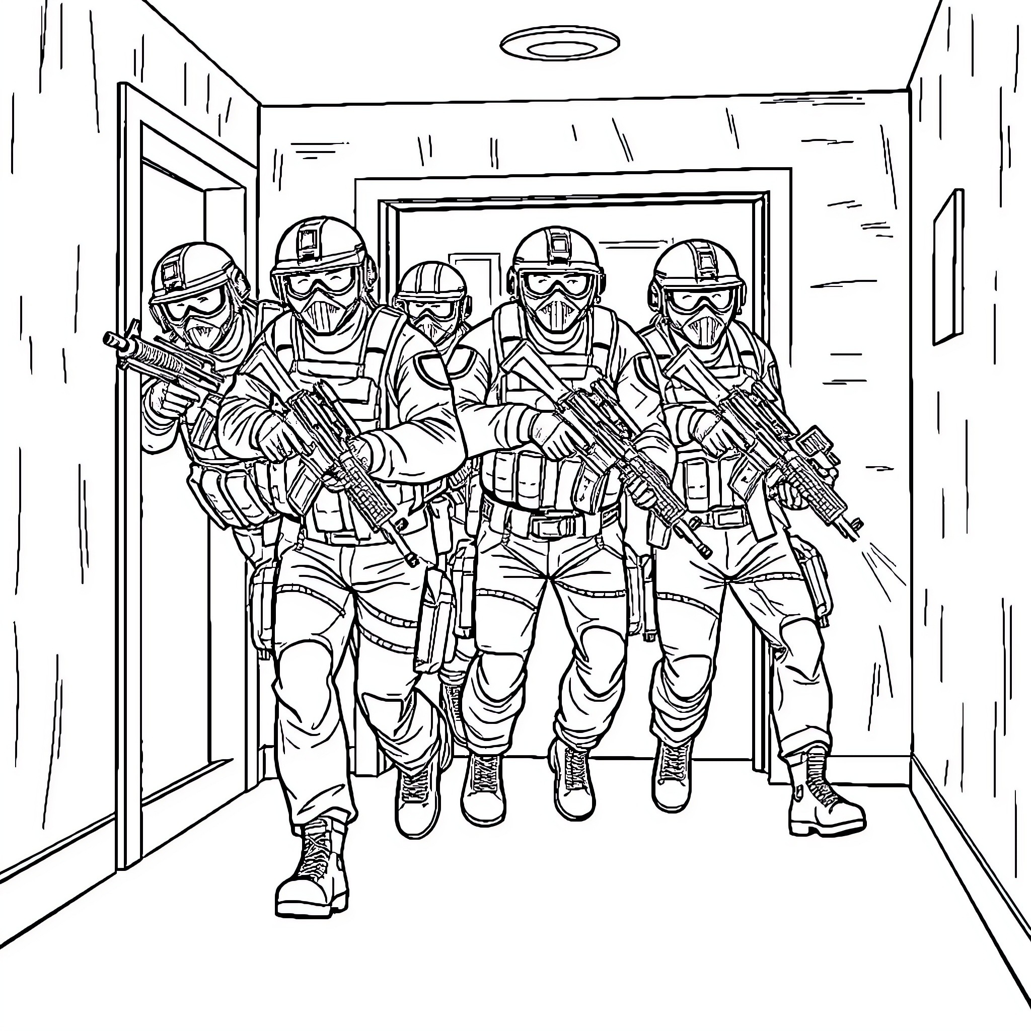 Swat Team Tactical Assault in Secure Facility Coloring Page (free black-and-white line drawing printable PDF for all, from beginners to advanced learners, including children, teens, adults, and seniors)