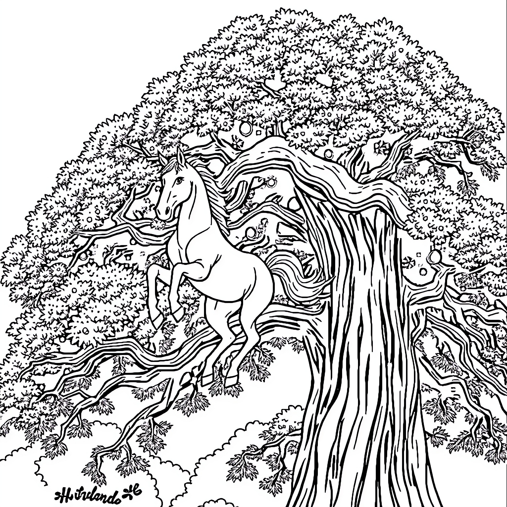 Horse standing proudly under a majestic tree Coloring Page (free black-and-white line drawing printable PDF for all, from beginners to advanced learners, including children, teens, adults, and seniors)