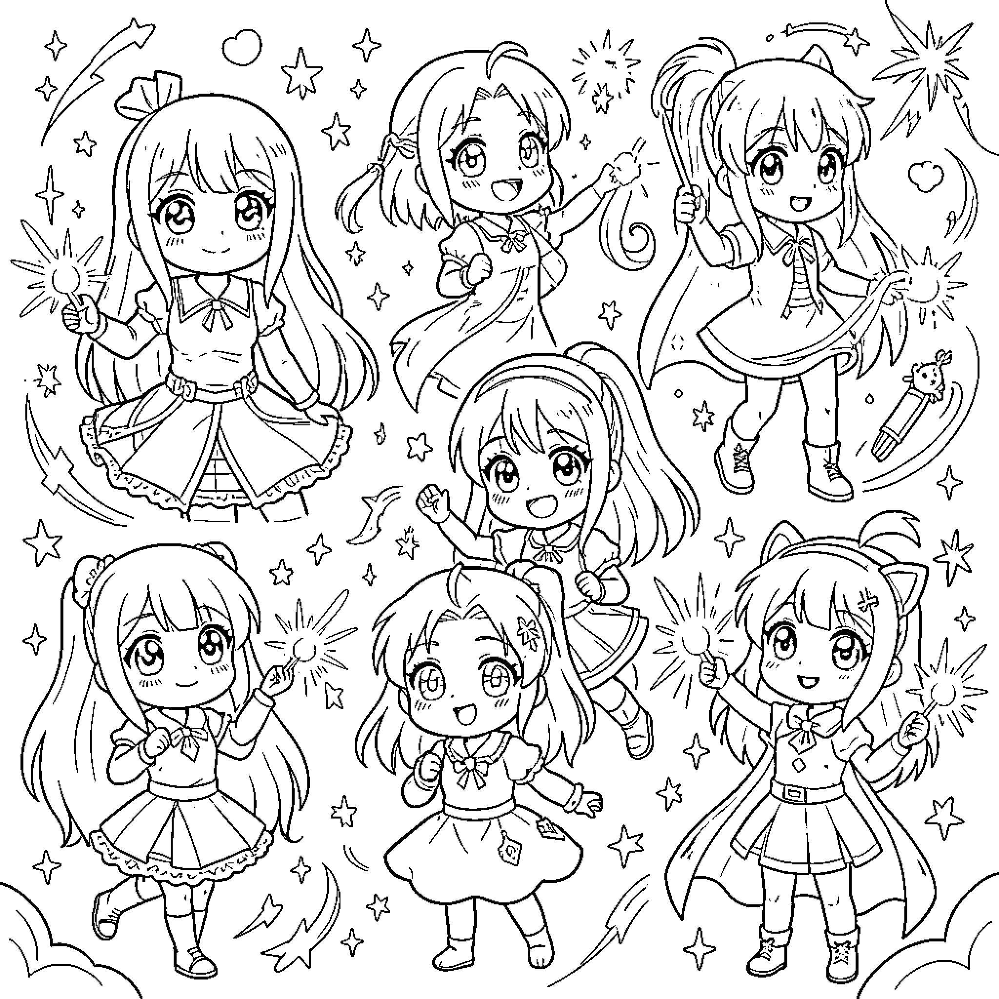 Anime Characters in Cheerful Poses with Sparkling Decorations Coloring Page (free black-and-white line drawing printable PDF for all, from beginners to advanced learners, including children, teens, adults, and seniors)