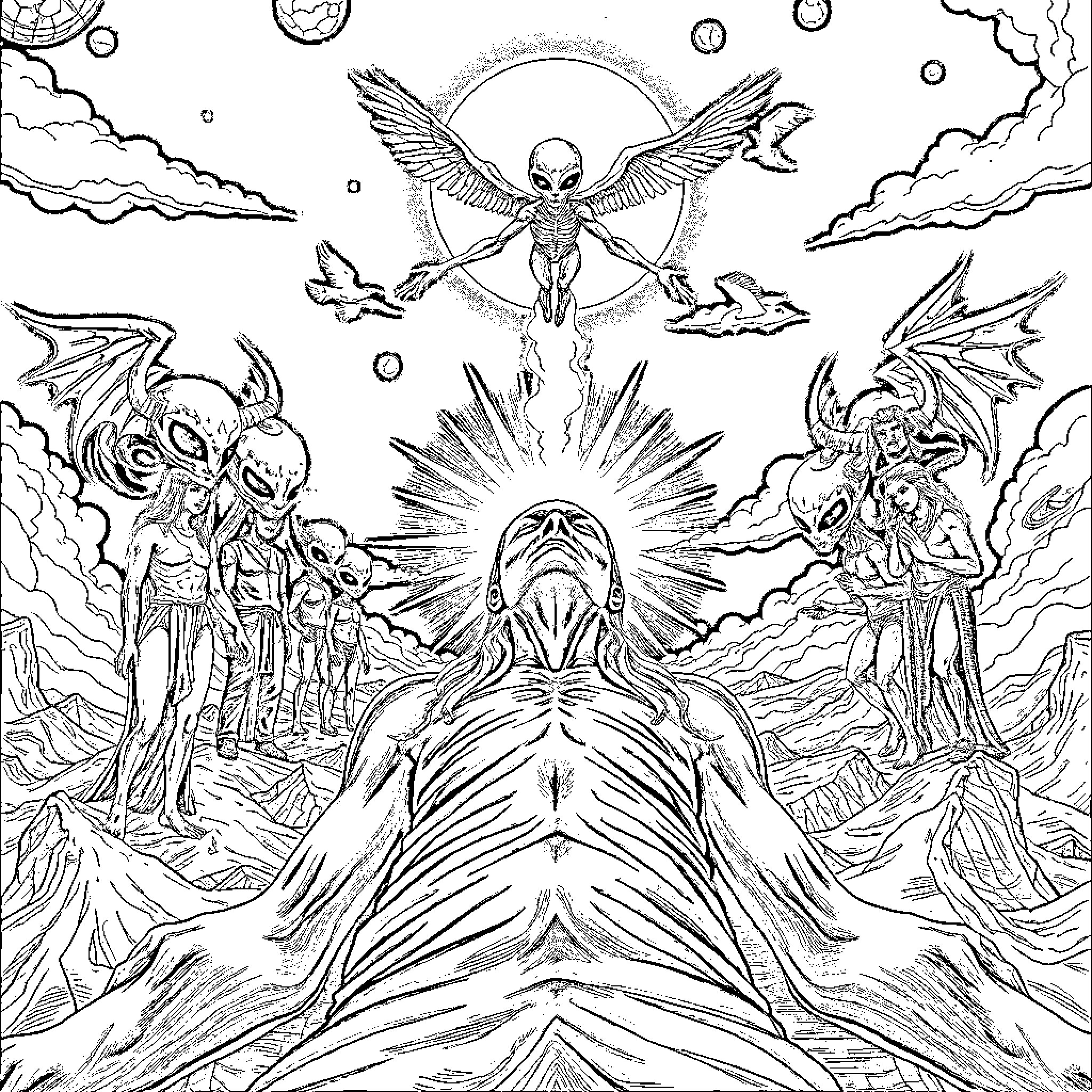 Soul's Celestial Ascent Amidst Ethereal Beings Coloring Page (free black-and-white line drawing printable PDF for all, from beginners to advanced learners, including children, teens, adults, and seniors)