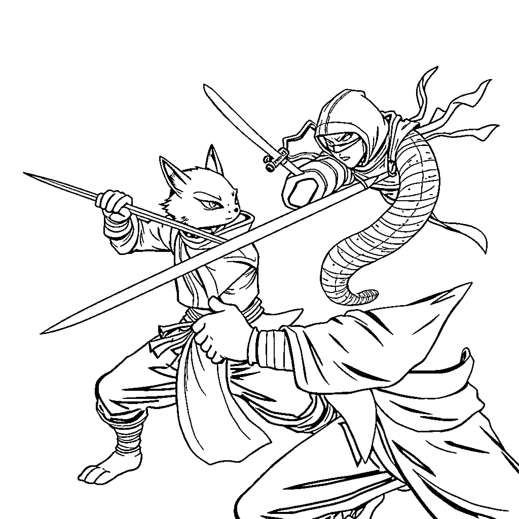 Samurai warriors in fierce combat with swords and armor Coloring Page (free black-and-white line drawing printable PDF for all, from beginners to advanced learners, including children, teens, adults, and seniors)