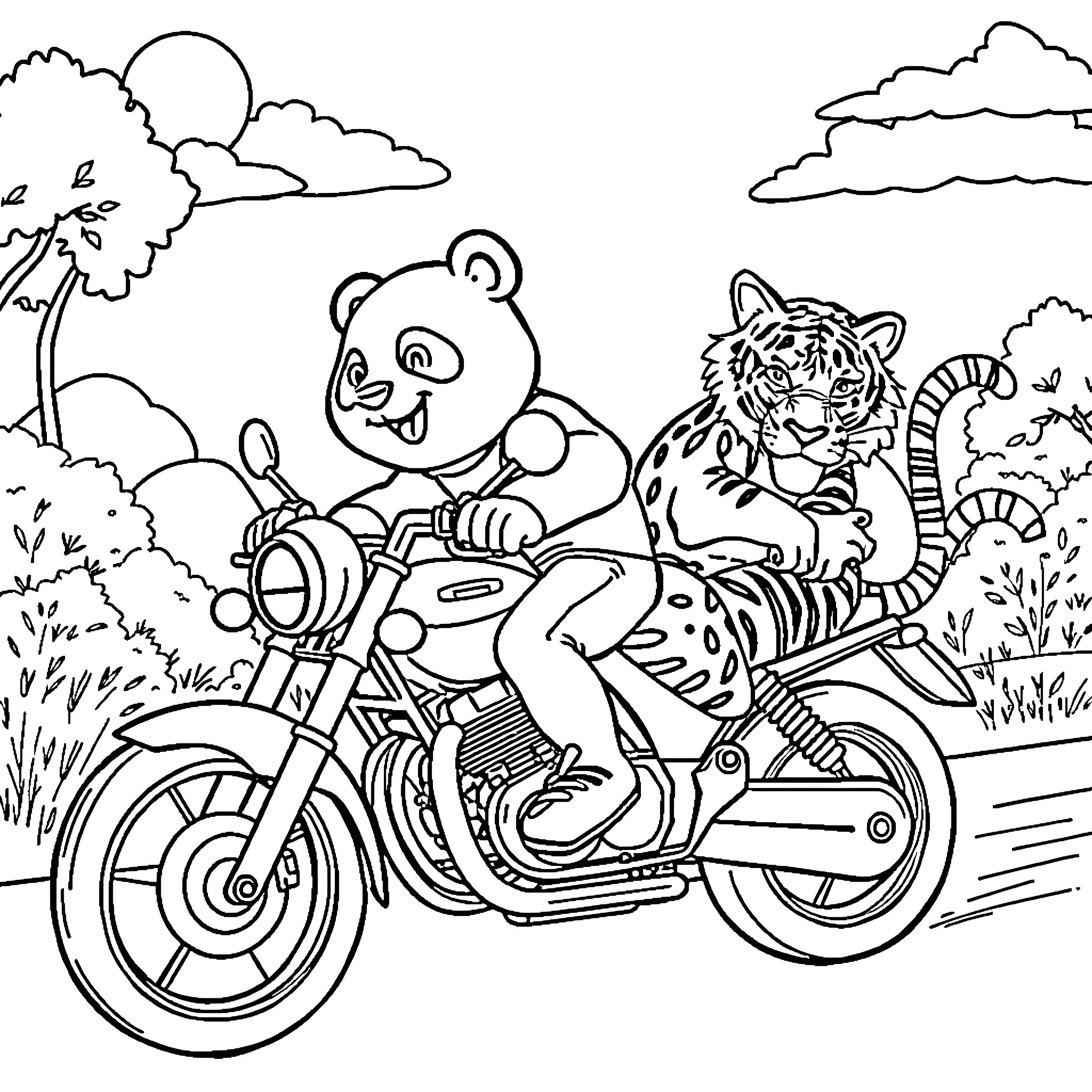 Panda riding motorcycle with tiger in the wild Coloring Page (free black-and-white line drawing printable PDF for all, from beginners to advanced learners, including children, teens, adults, and seniors)