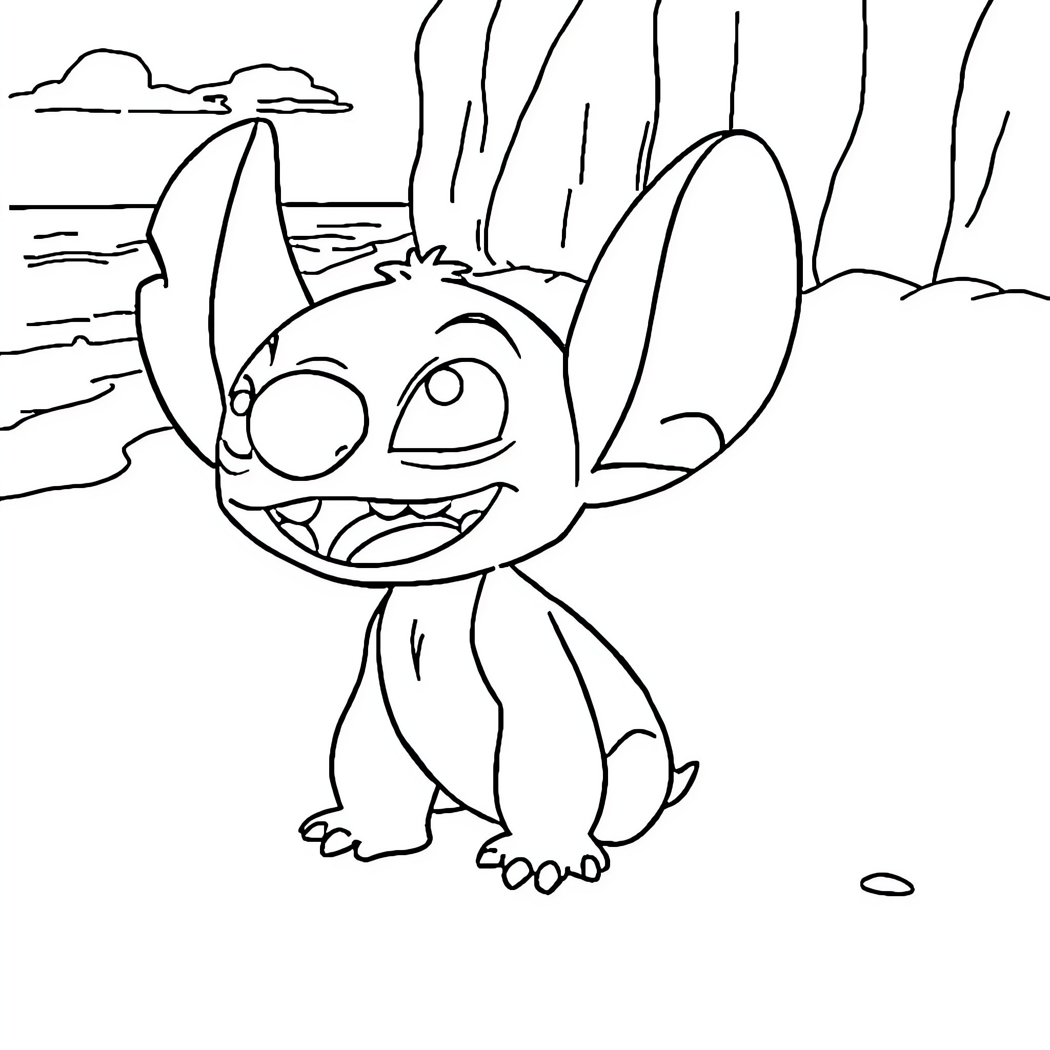 Stitch exploring the wilderness Coloring Page (free black-and-white line drawing printable PDF for all, from beginners to advanced learners, including children, teens, adults, and seniors)